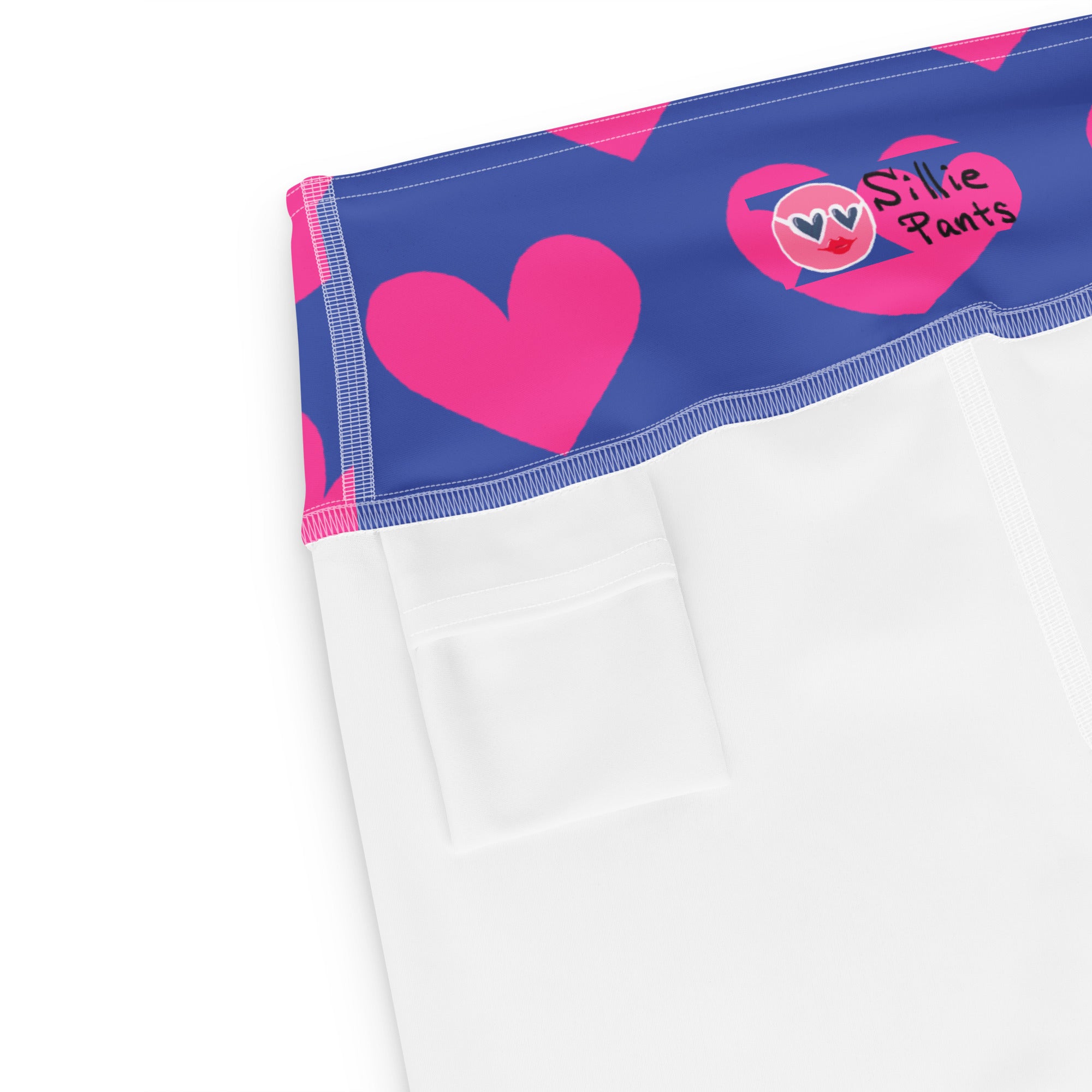 Yoga leggings with blue and pink hearts print and small back pocket at the waistband on a white background