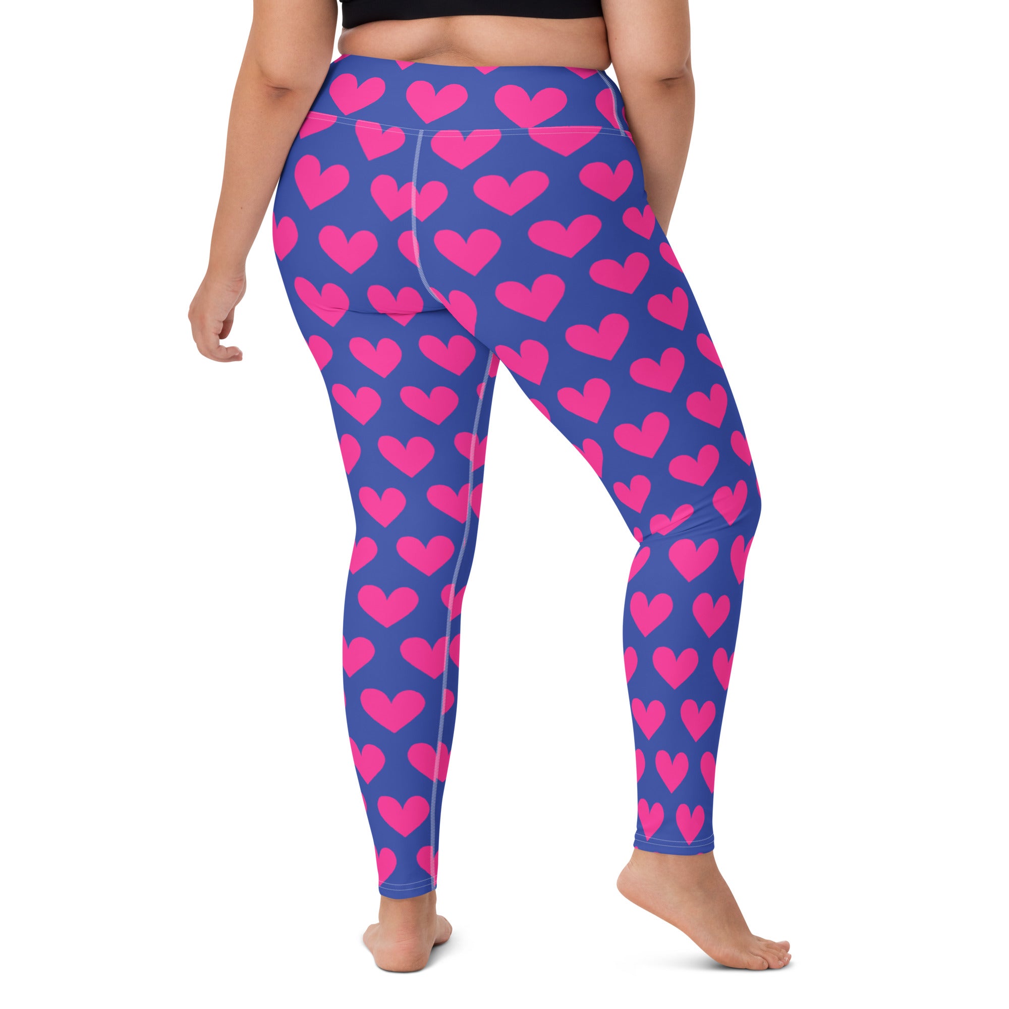 Colorful yoga leggings with blue and pink hearts pattern back side view