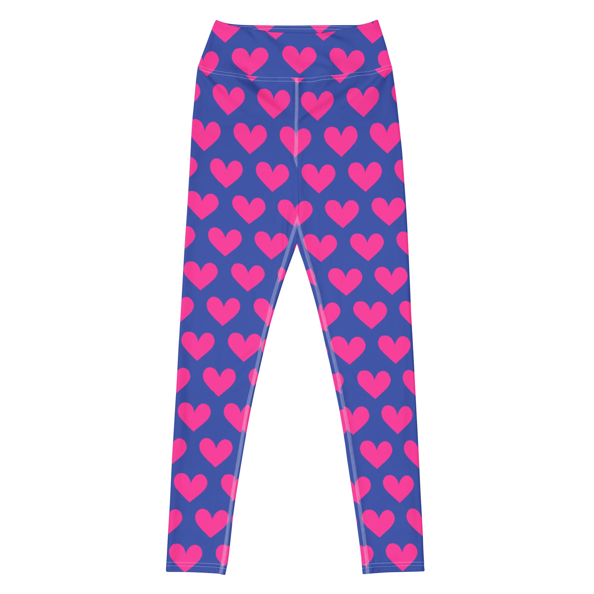 Colorful yoga leggings with blue and pink hearts pattern flat front view