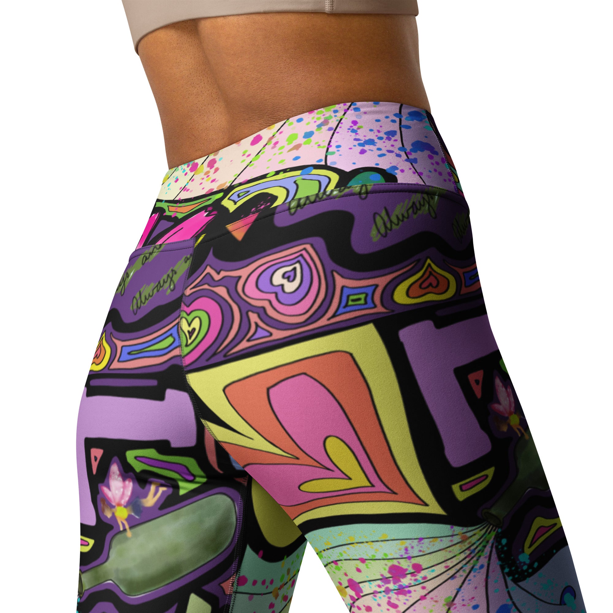 Colorful yoga leggings with fairy dust black print patterns, back closeup view