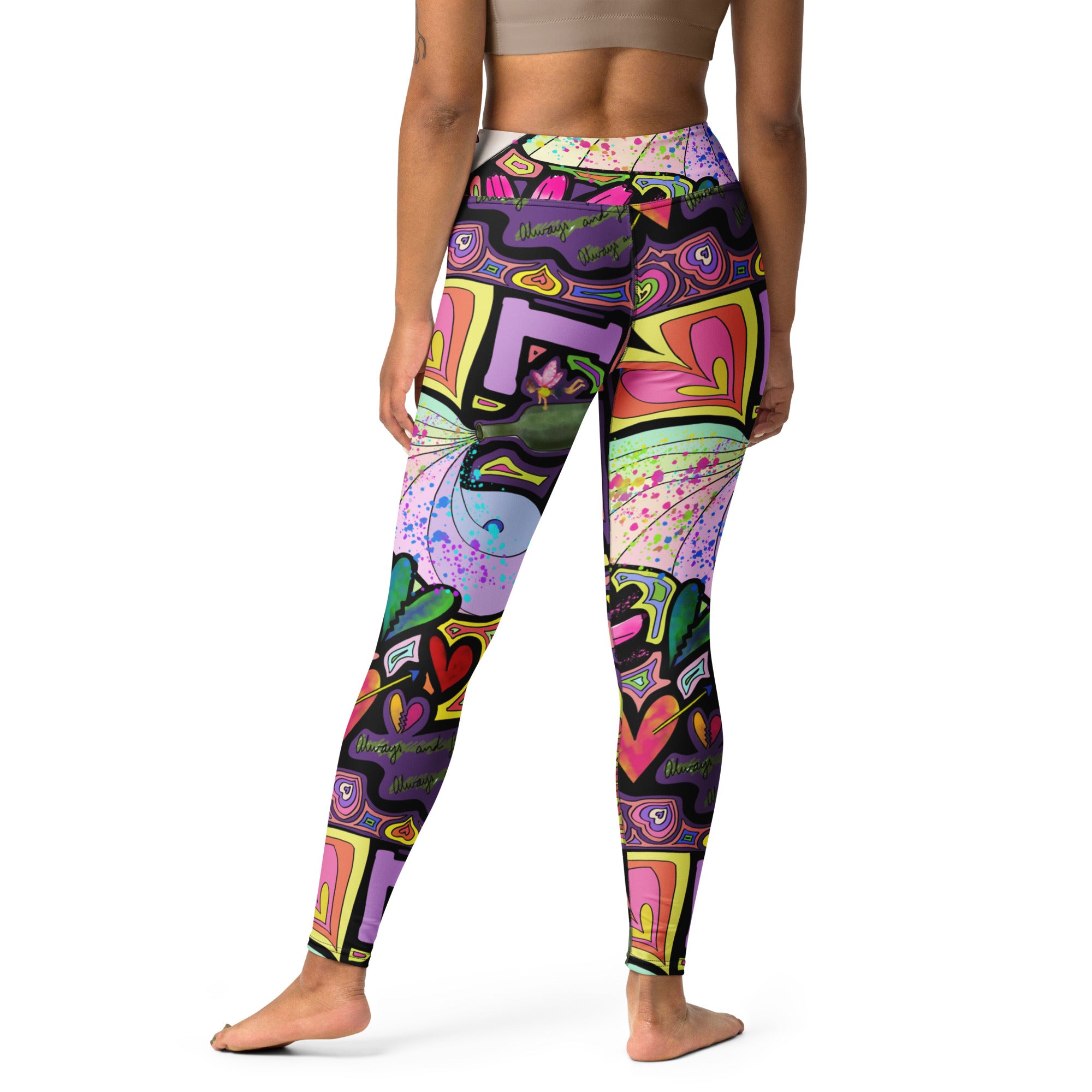 Colorful yoga leggings with fairy dust black print patterns, back view