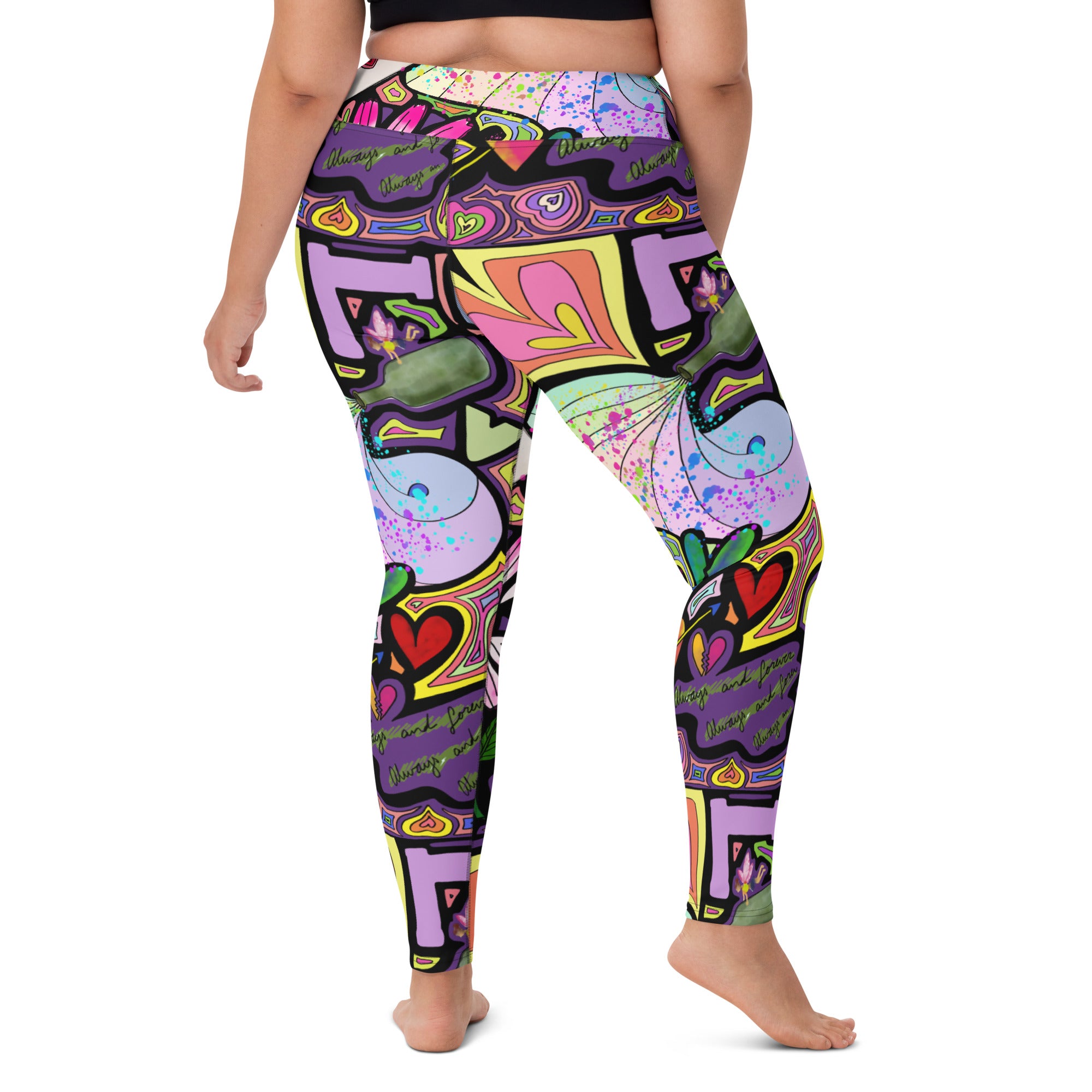 Colorful yoga leggings with fairy dust black print patterns, back view