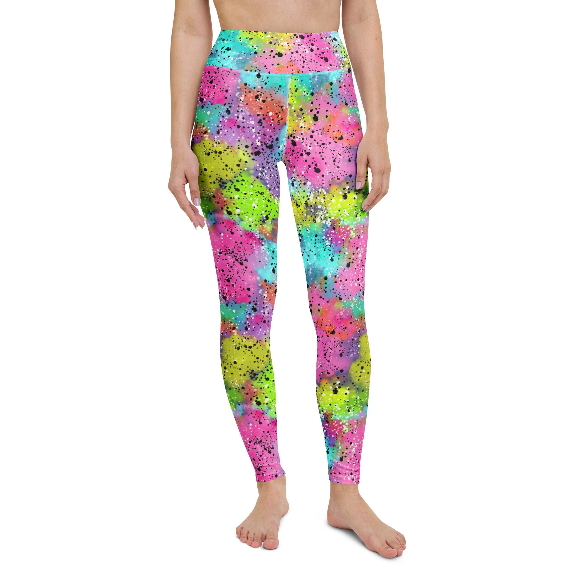 Colorful yoga leggings with rainbow galaxy print, front side