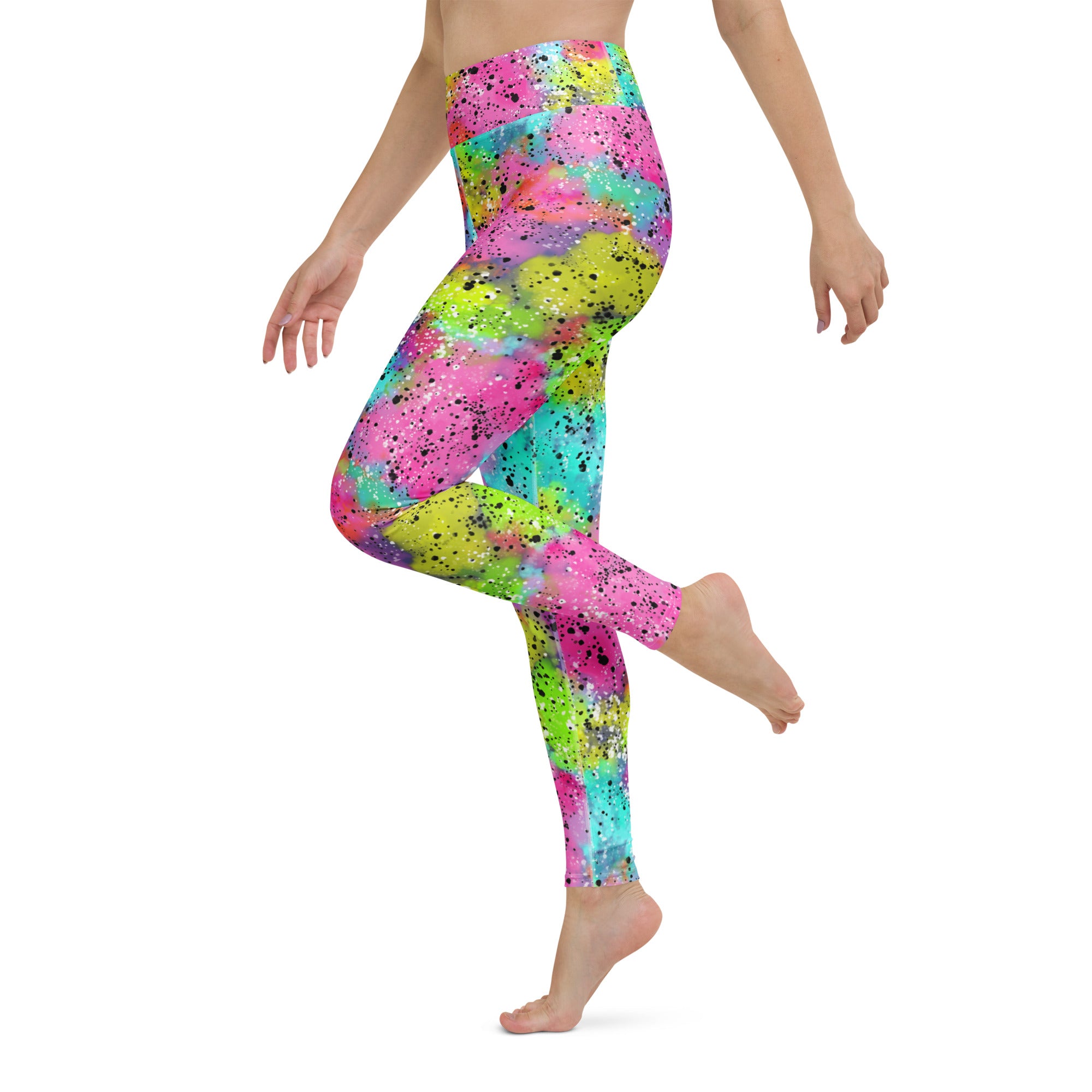 Colorful yoga leggings with rainbow galactic print, left side