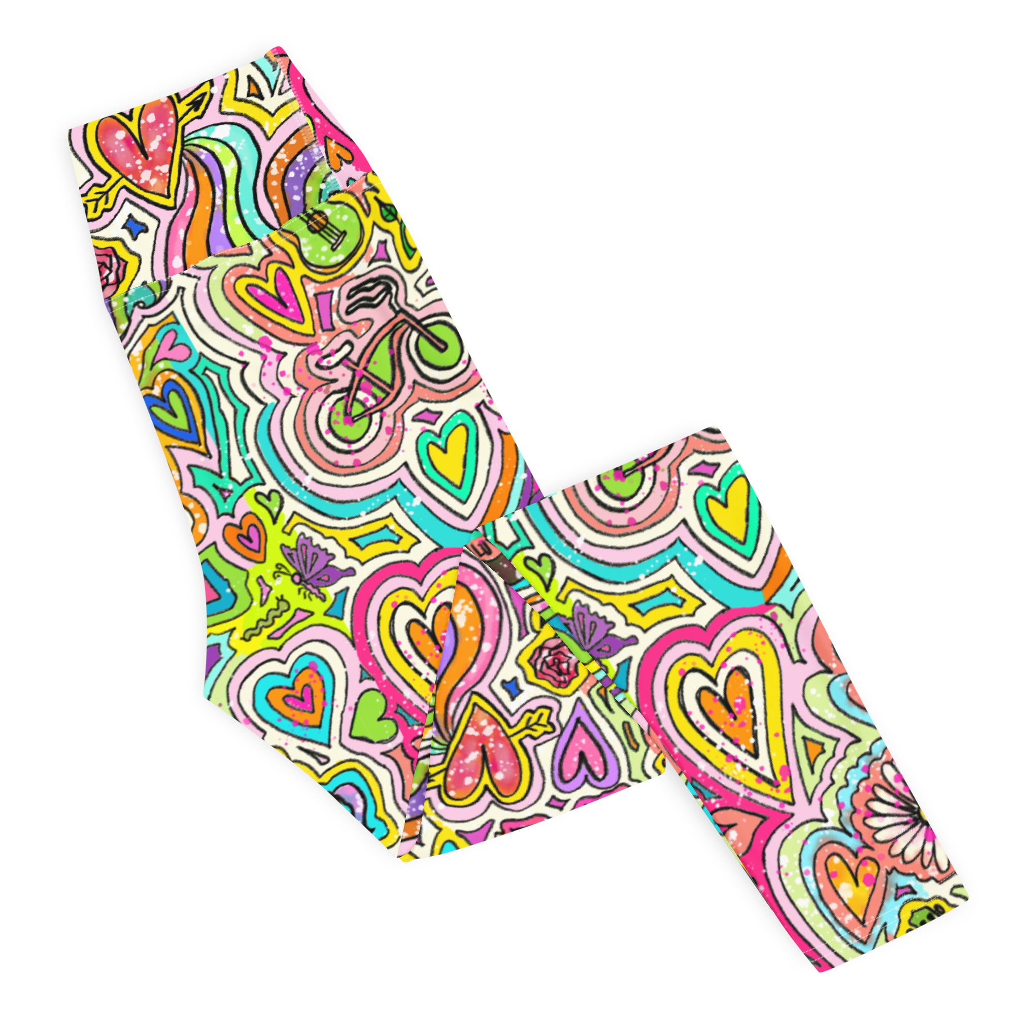 Colorful yoga leggings with whimsical doodles, flat side view