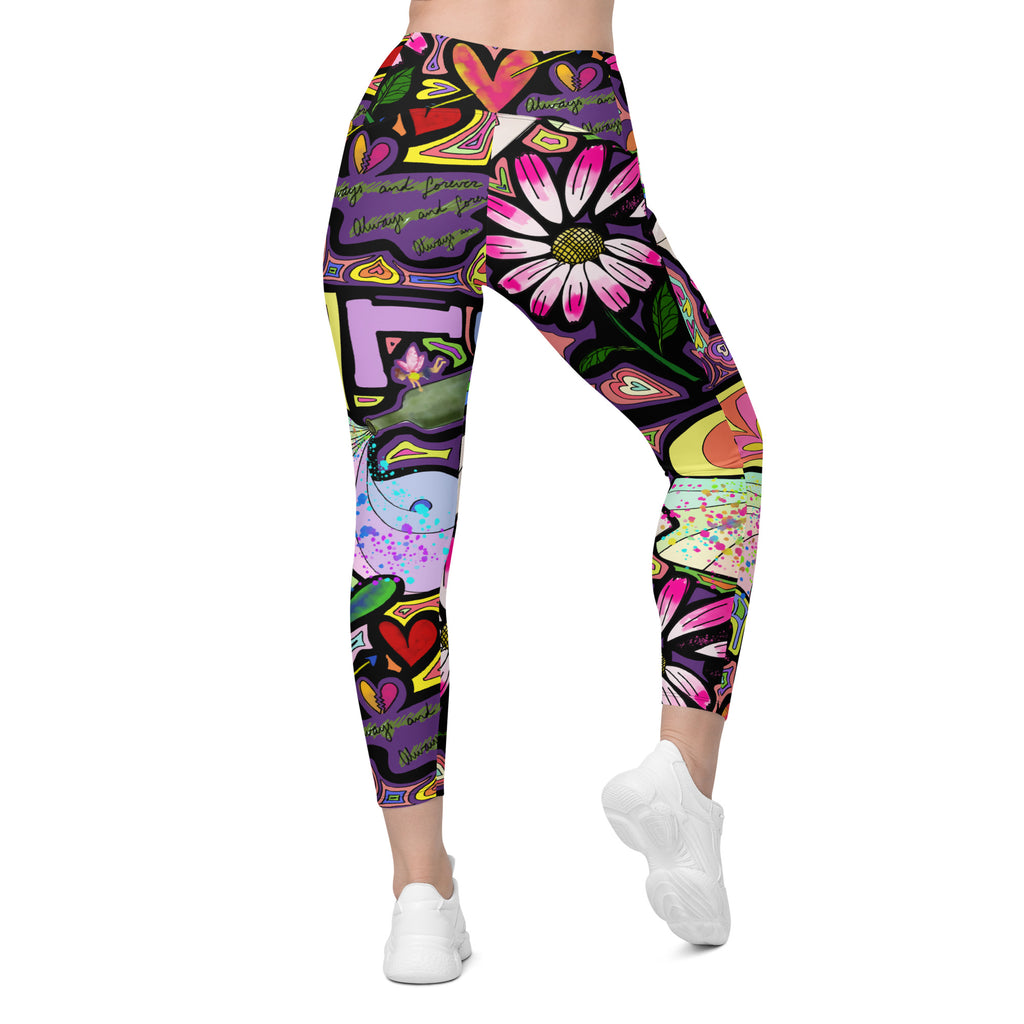 Colorful whimsical fairy dust print recycled yoga leggings with pockets, back view