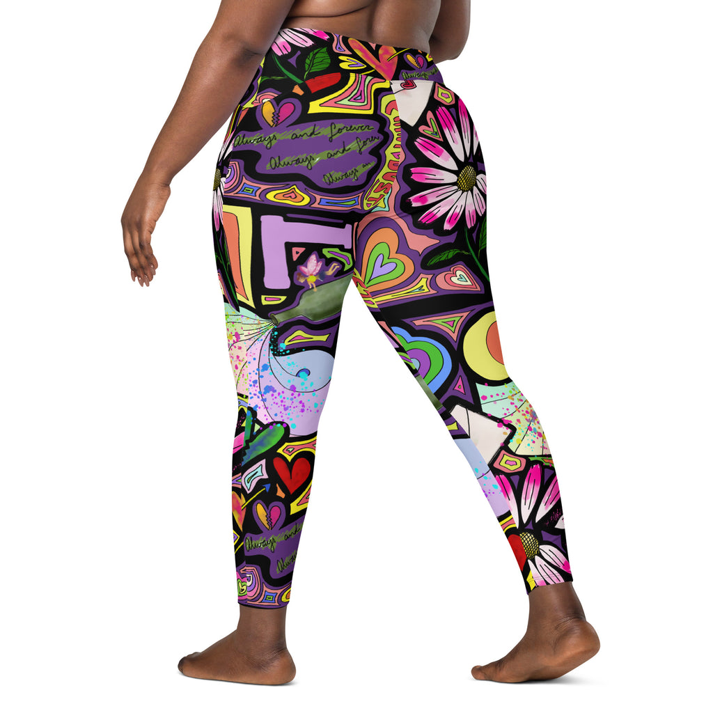 Colorful whimsical fairy dust print recycled yoga leggings with pockets, left back view