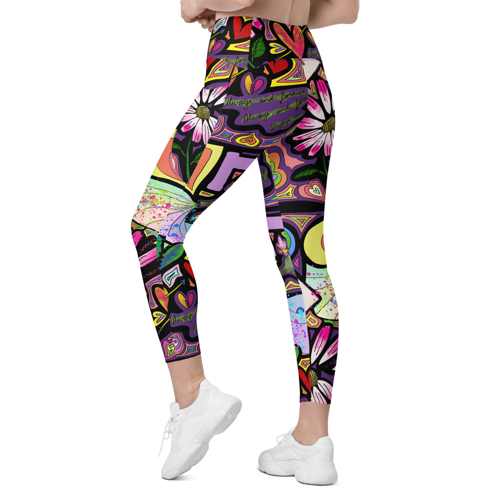 Colorful whimsical fairy dust print recycled yoga leggings with pockets, left back view
