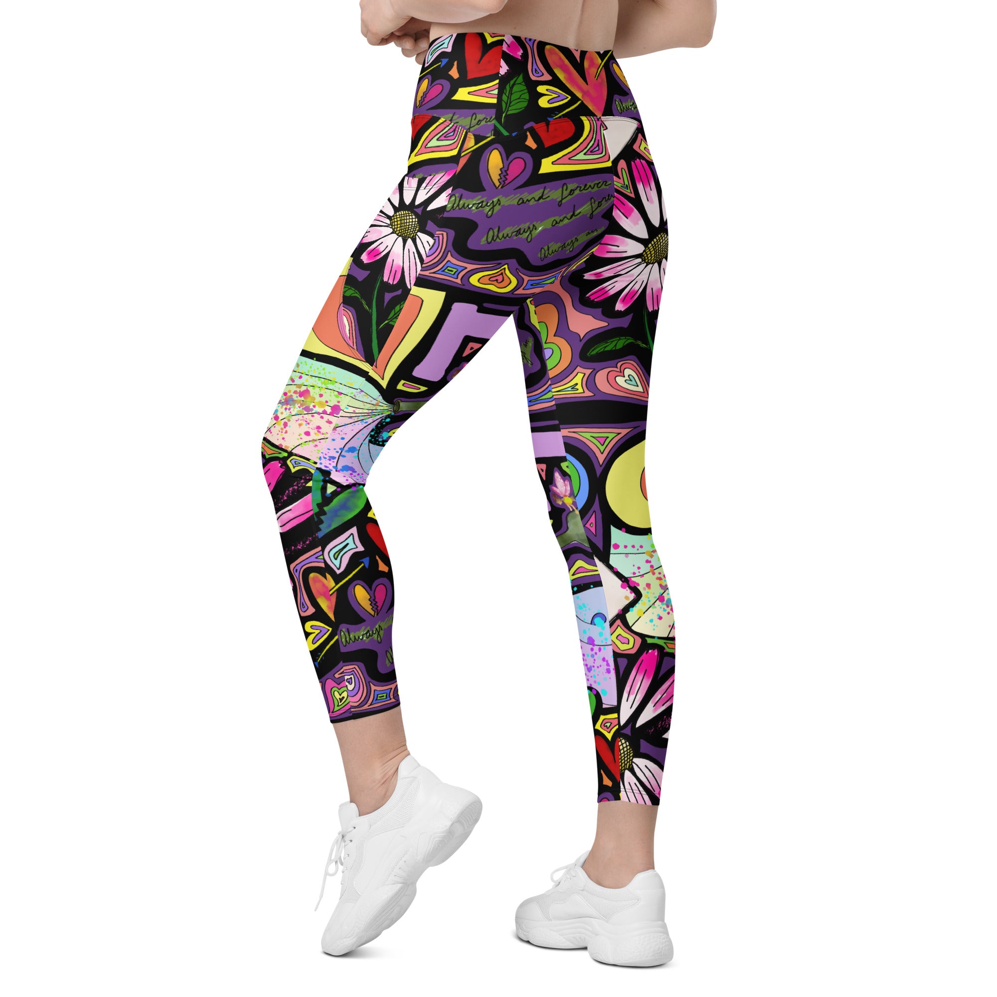 Colorful whimsical fairy dust print recycled yoga leggings with pockets, left back view