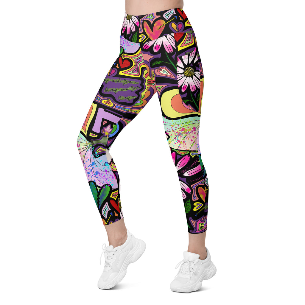 Colorful whimsical fairy dust print recycled yoga leggings with pockets, left front view
