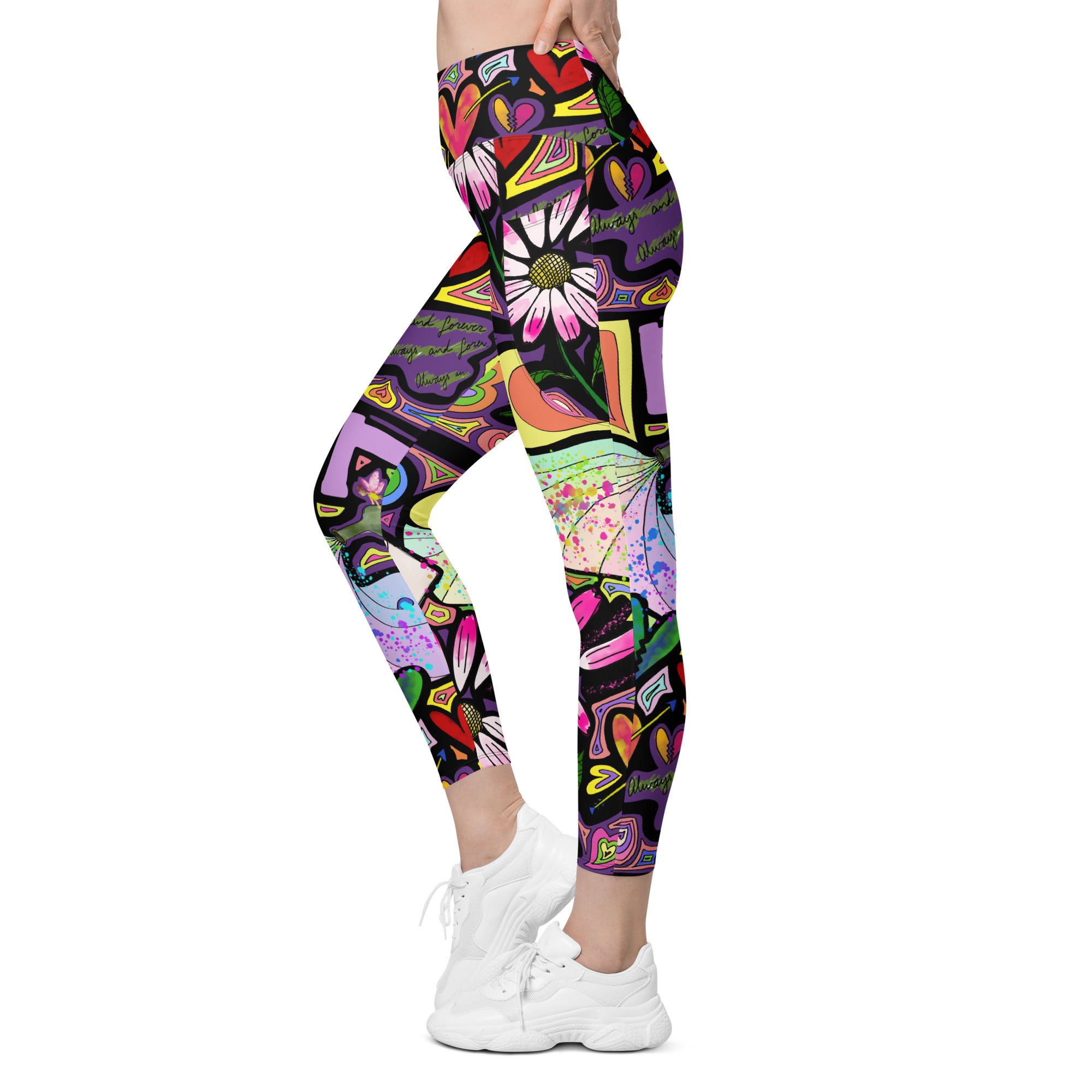 Colorful whimsical fairy dust print recycled yoga leggings with pockets, left side view