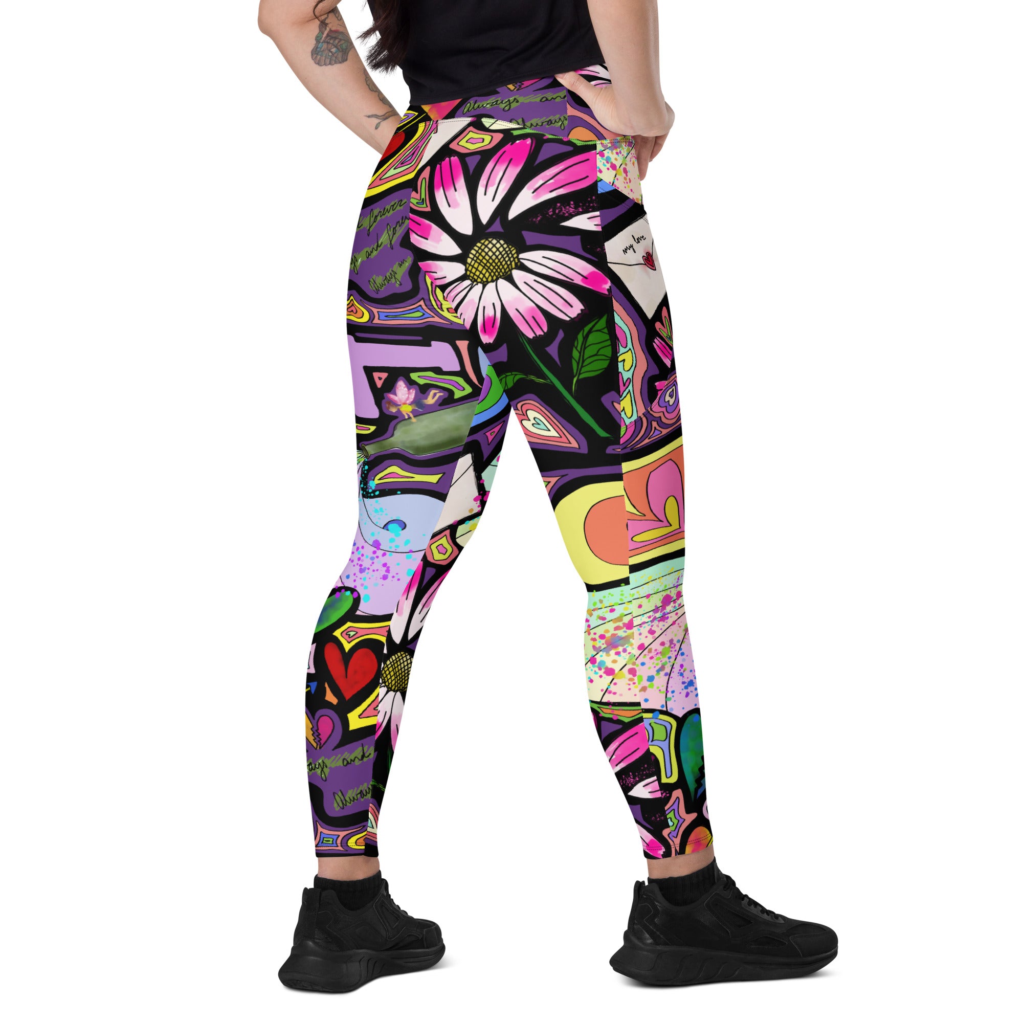 Colorful whimsical fairy dust print recycled yoga leggings with pockets, right back view