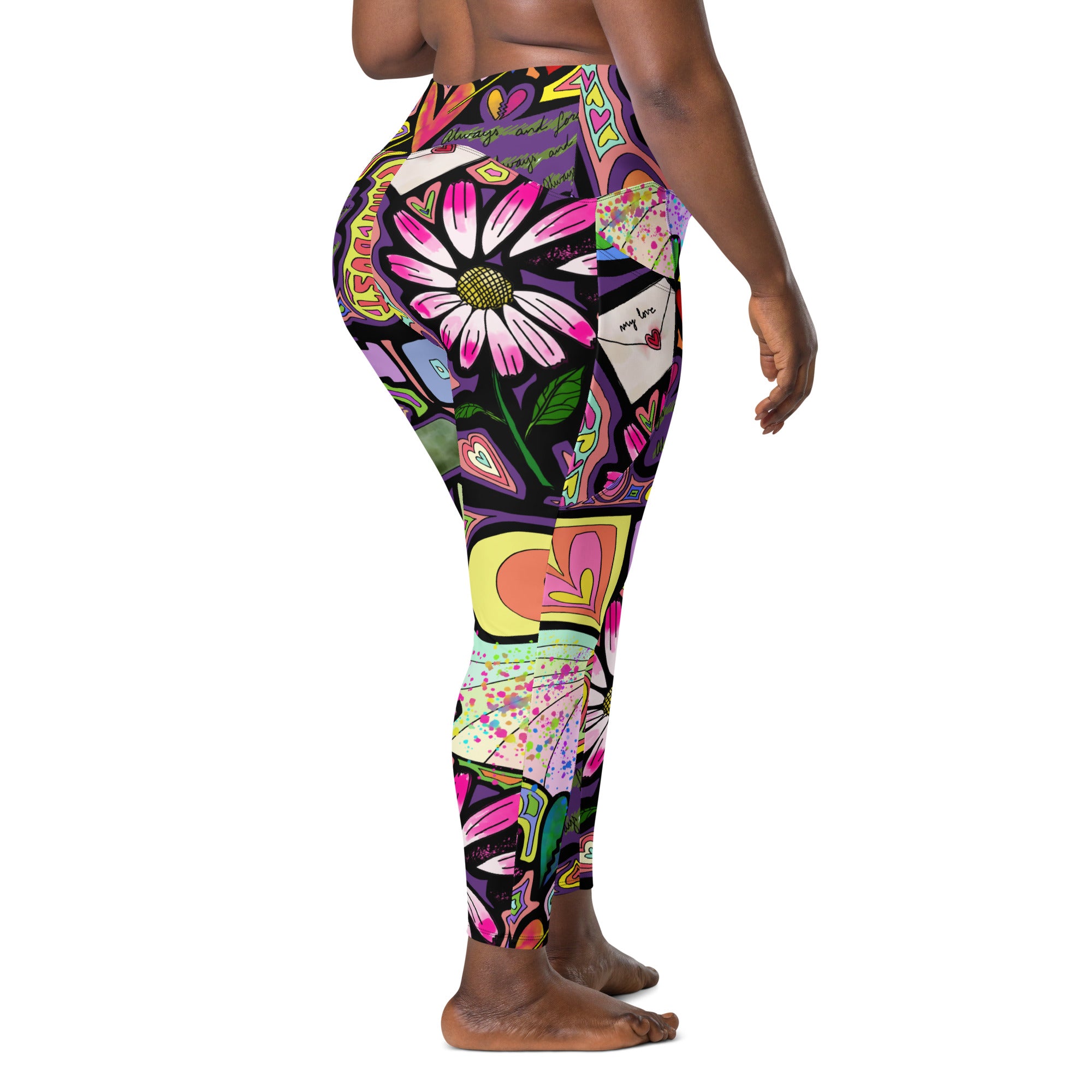 Colorful whimsical fairy dust print recycled yoga leggings with pockets, back right view