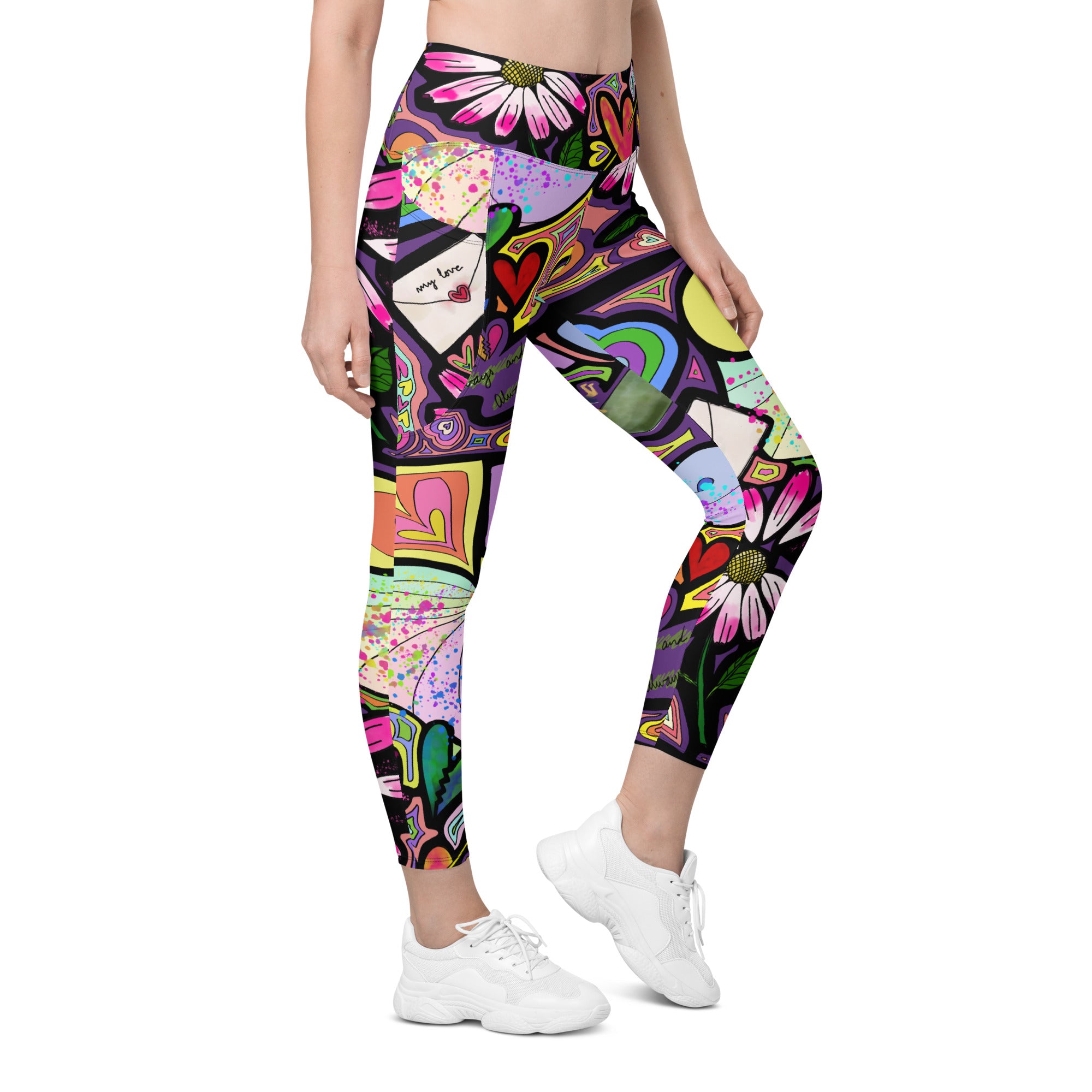 Colorful whimsical fairy dust print recycled yoga leggings with pockets, right front view