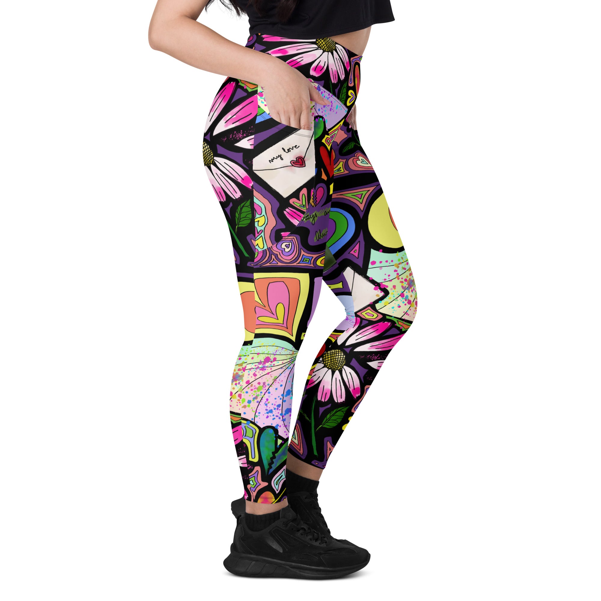Colorful whimsical fairy dust print recycled yoga leggings with pockets, right view