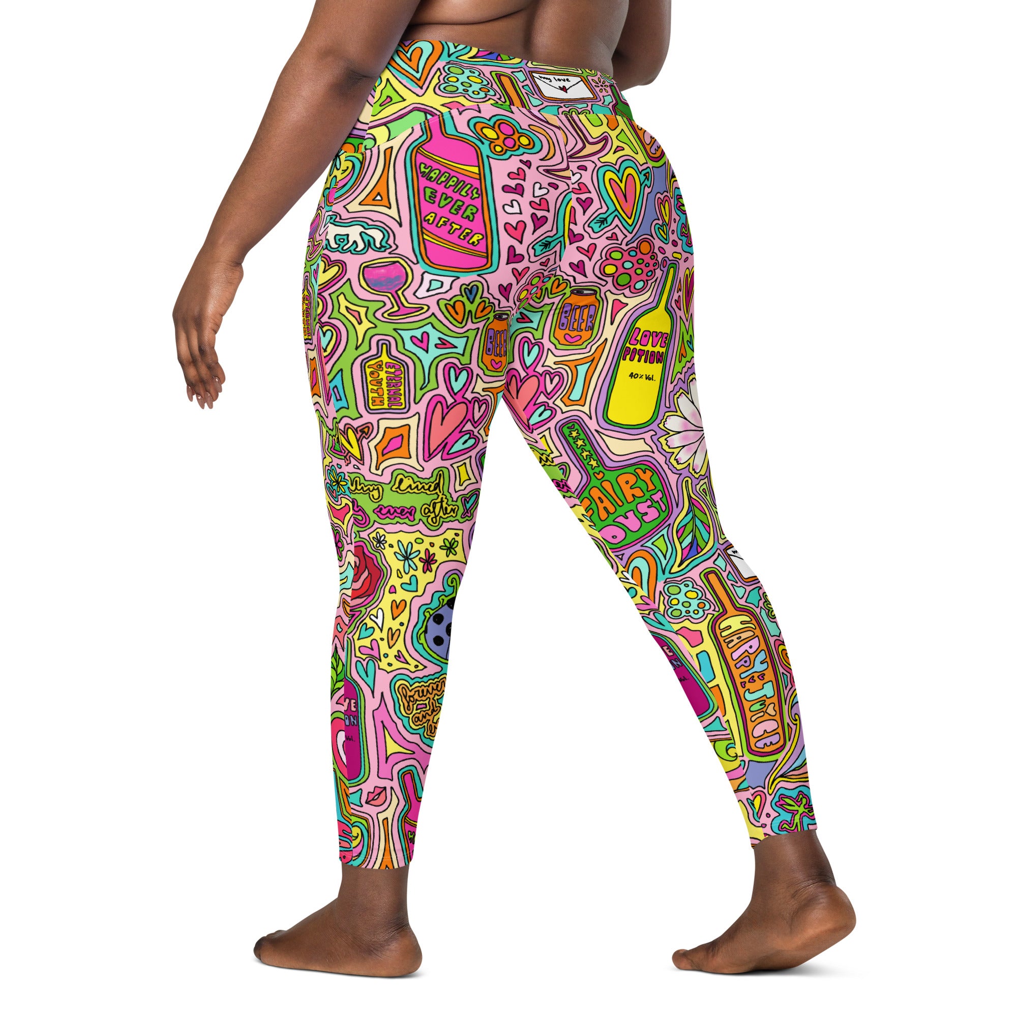 Colorful fairytale print recycled yoga leggings with pockets, back view