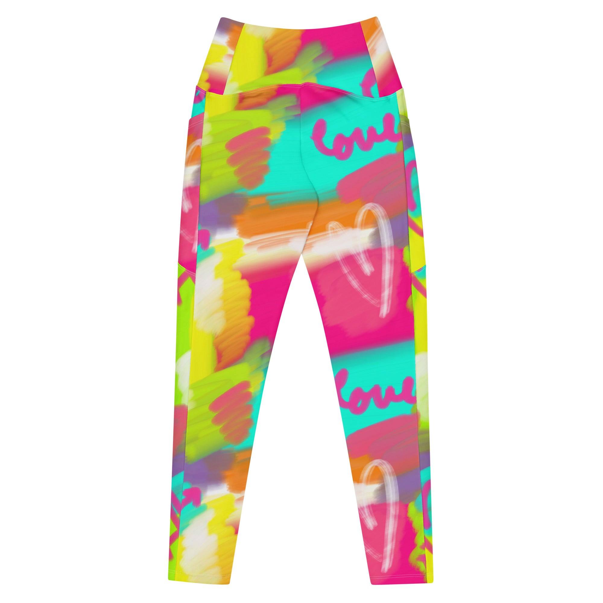 Colorful recycled yoga leggings with pockets and lovestruck print, flat back view