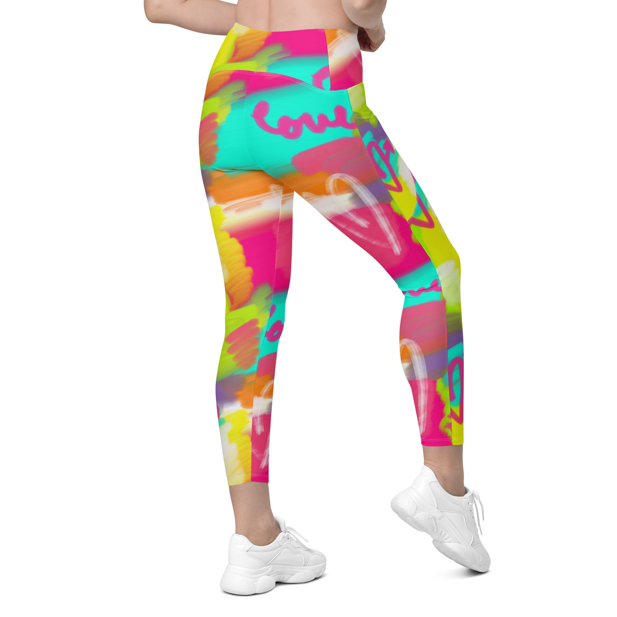Colorful recycled yoga leggings with pockets and lovestruck print, back right view