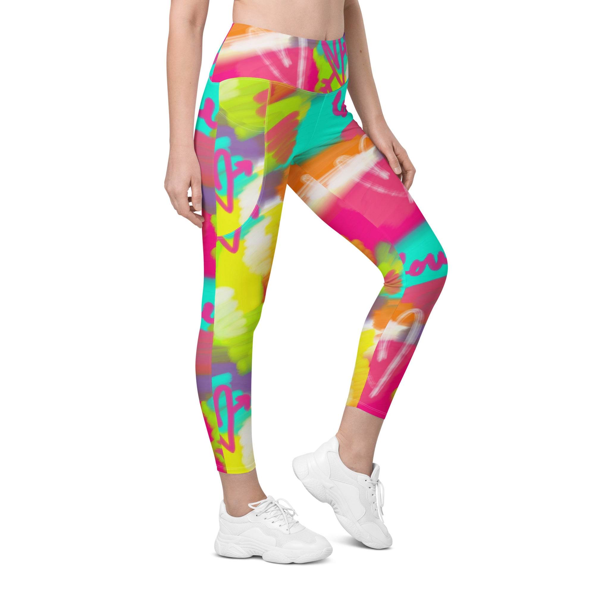 Colorful recycled yoga leggings with pockets and lovestruck print, right front view