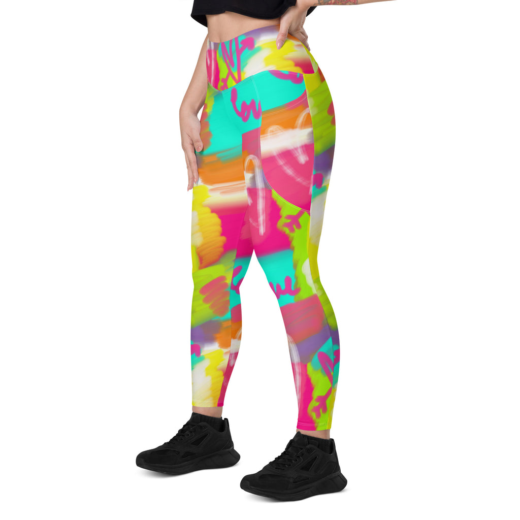 Colorful recycled yoga leggings with pockets and lovestruck print, left front view