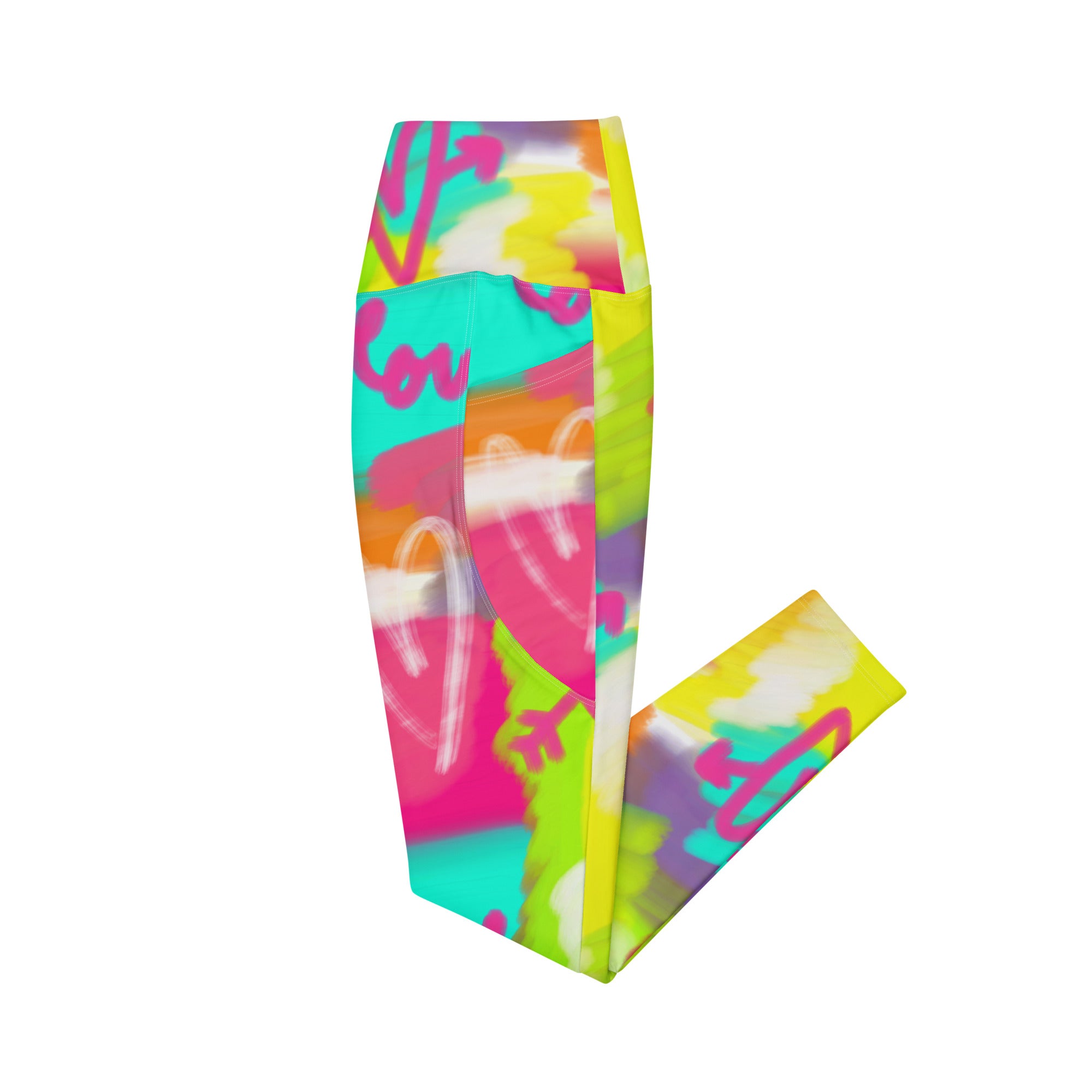 Colorful recycled yoga leggings with pockets and lovestruck print, right flat view