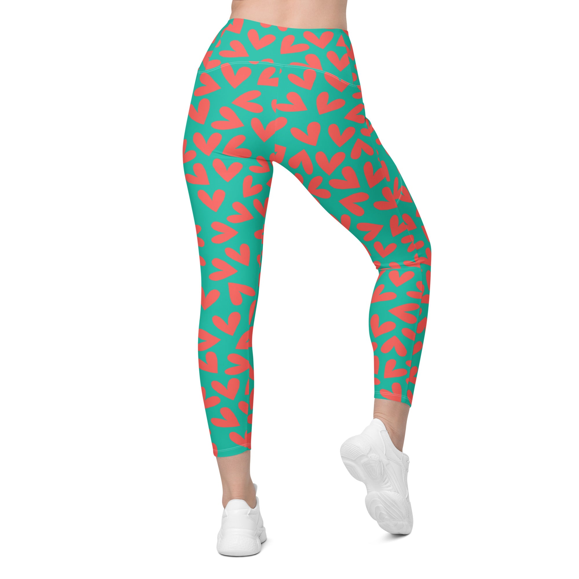 Colorful teal and pink hearts recycled yoga leggings with pockets, back view