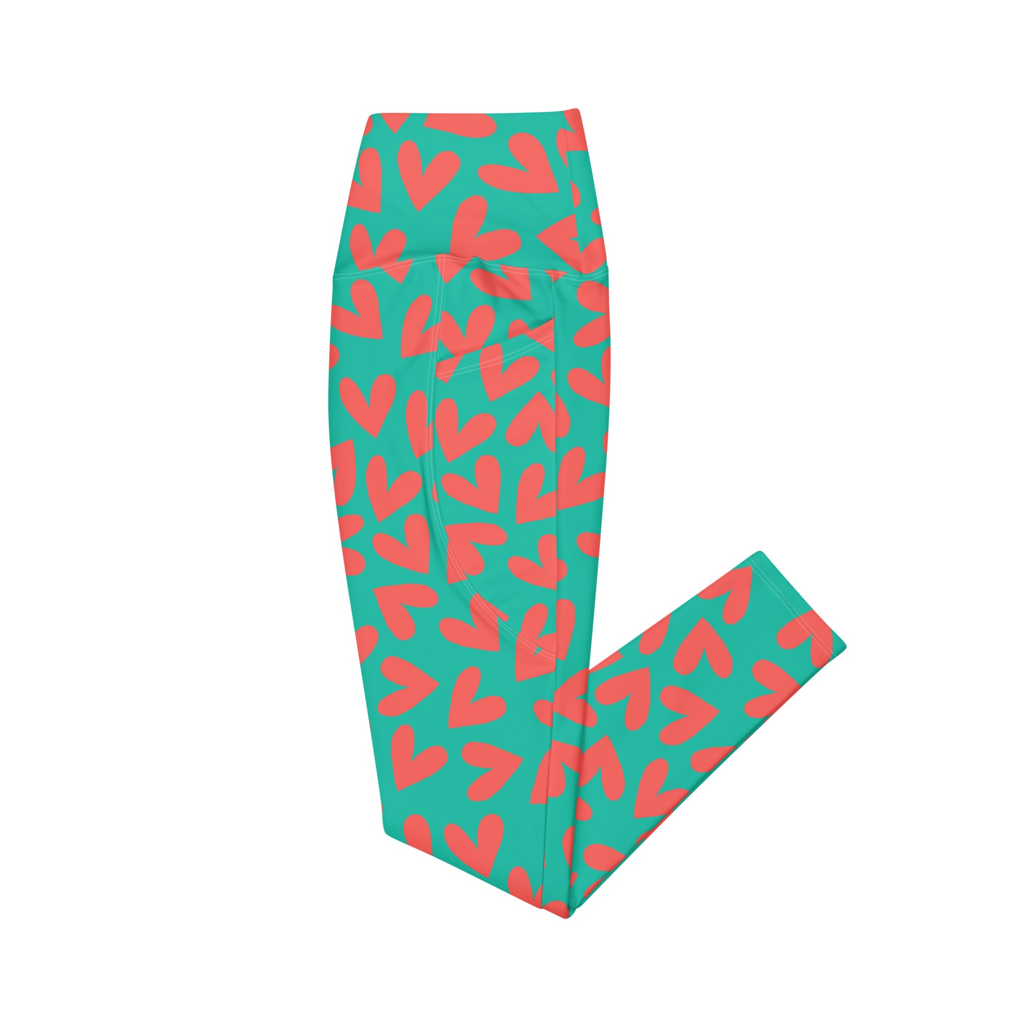 Colorful teal and pink hearts recycled yoga leggings with pockets, flat view