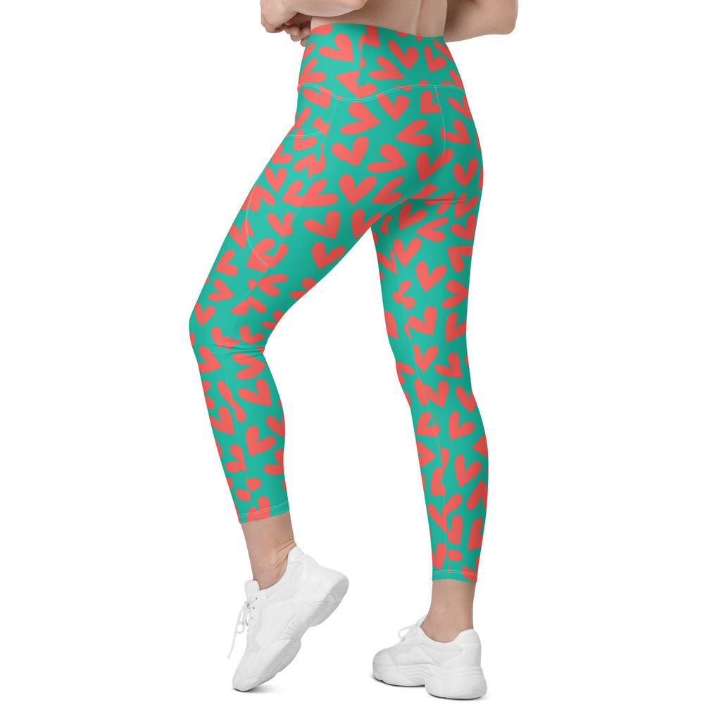 Colorful teal and pink hearts recycled yoga leggings with pockets, left back view