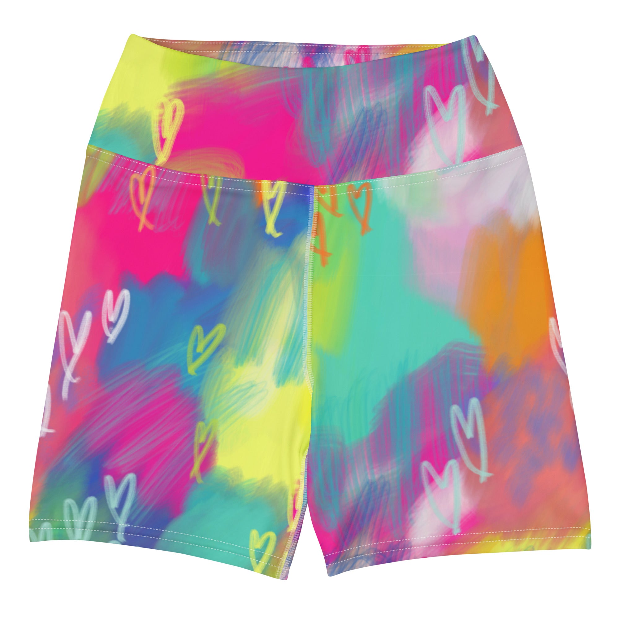 Colorful yoga shorts with abstract colors and hearts print flat front view