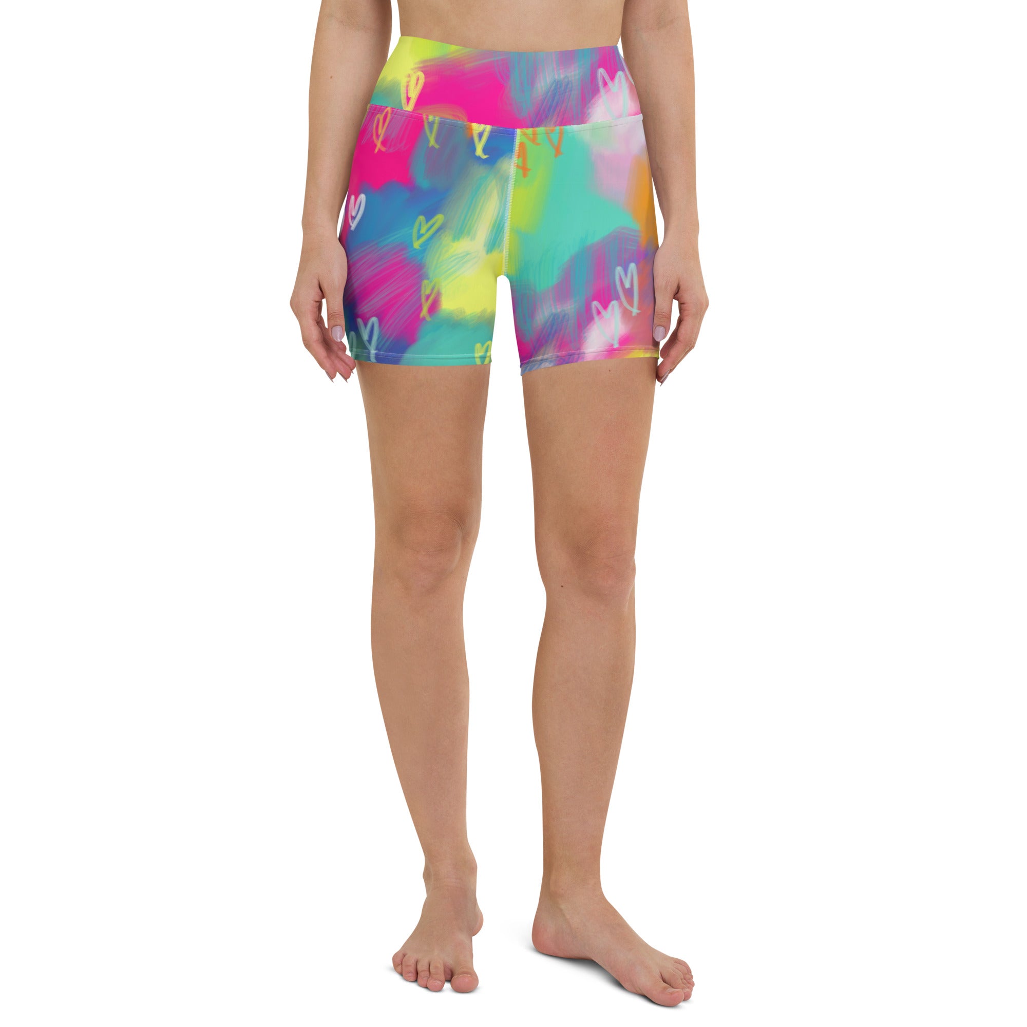 Colorful yoga shorts with abstract colors and hearts print front view