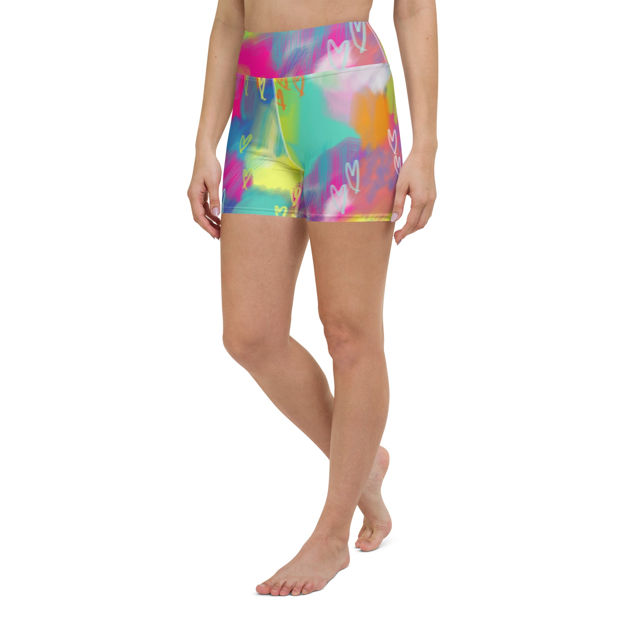 Colorful yoga shorts with abstract colors and hearts print front left view