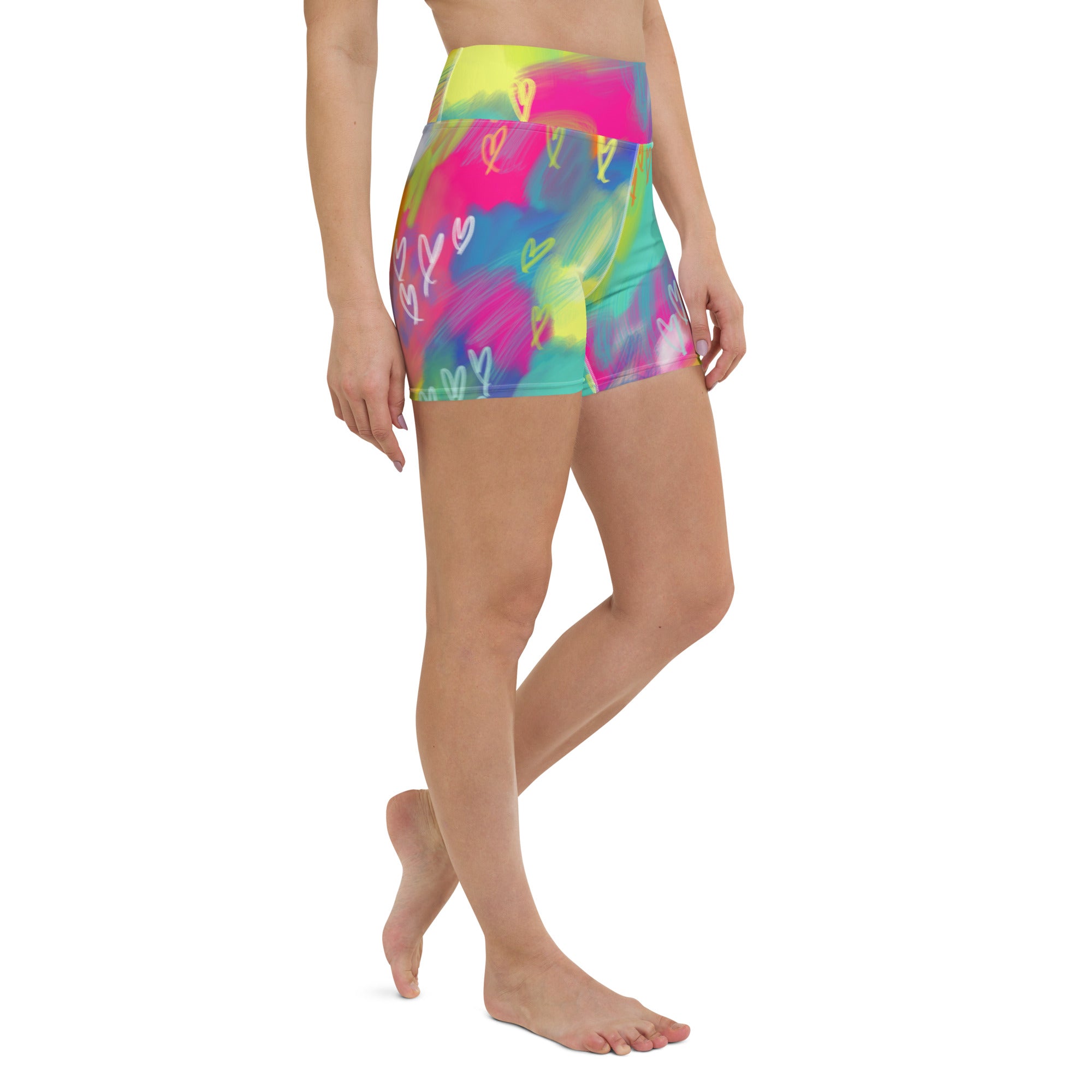 Colorful yoga shorts with abstract colors and hearts print front right view