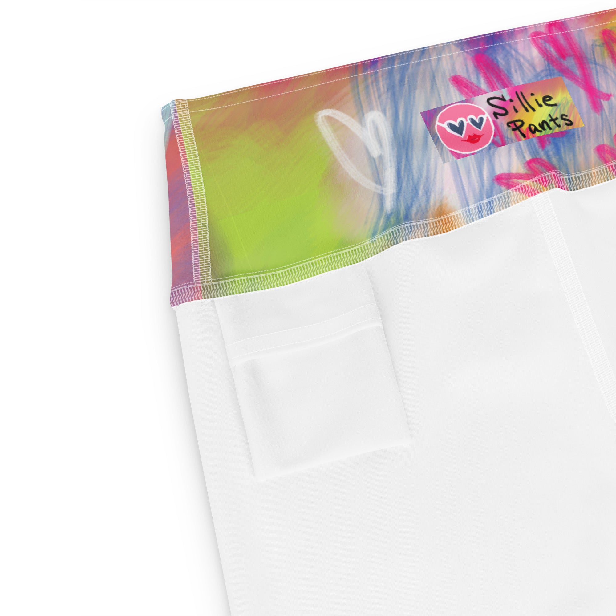 Yoga shorts with colorful abstract print and small back pocket at the waistband on a white background