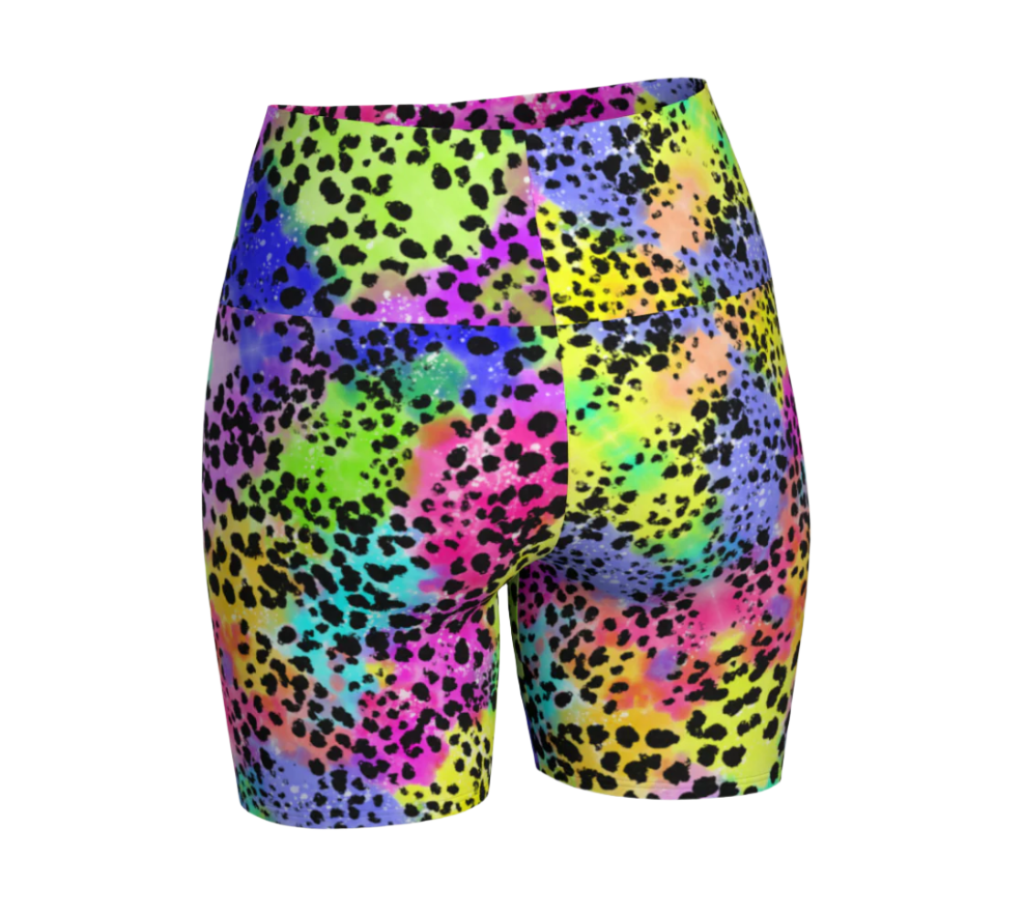Colorful leopard print shorts on a white background