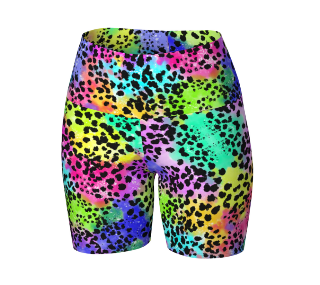 Multicolored leopard print shorts on a white background