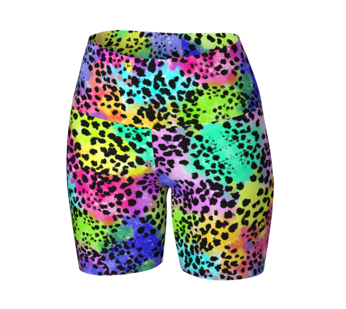 Multicolored leopard print shorts on a white background