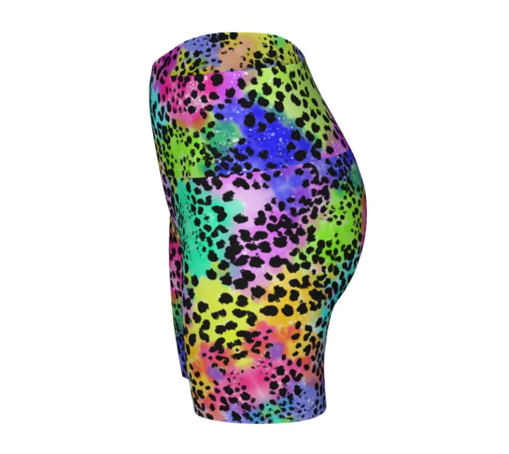 Multicolored tie-dye leopard print shorts on a white background left side view