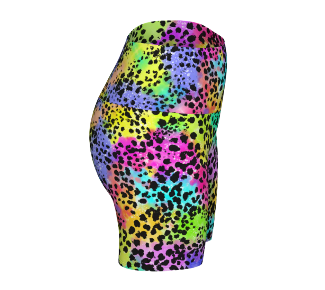 Multicolored leopard print shorts on a white background
