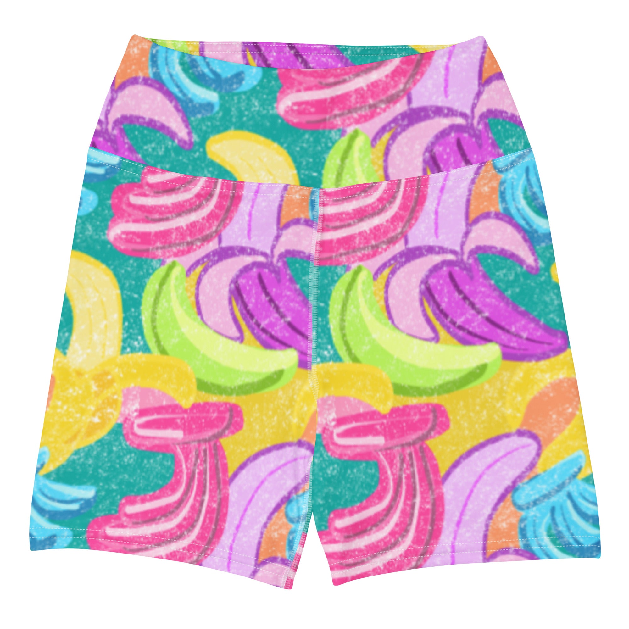 Colorful short yoga shorts with bananas print front flat view