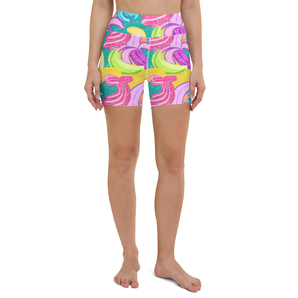 Colorful yoga shorts bananas print front view