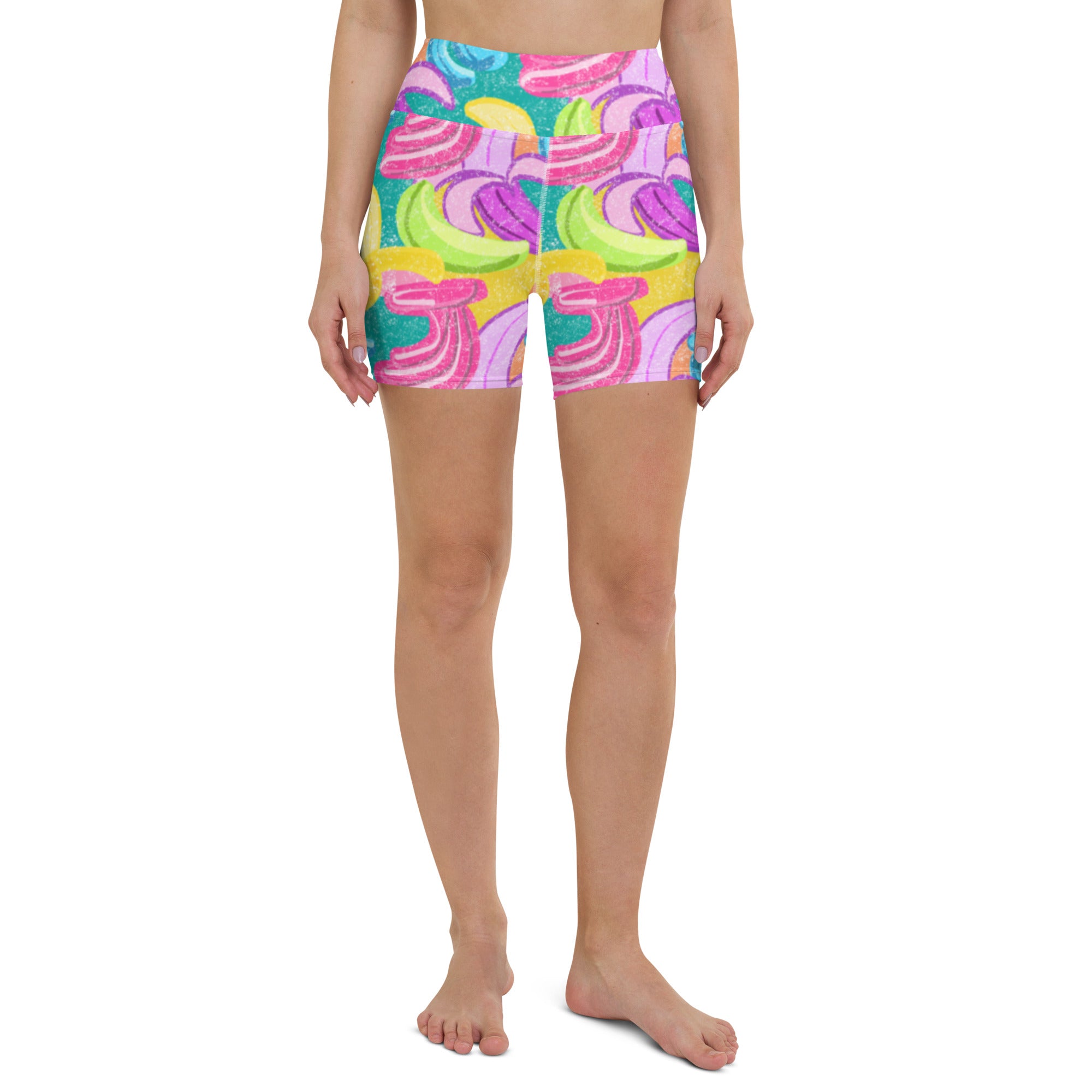 Colorful yoga shorts bananas print front view