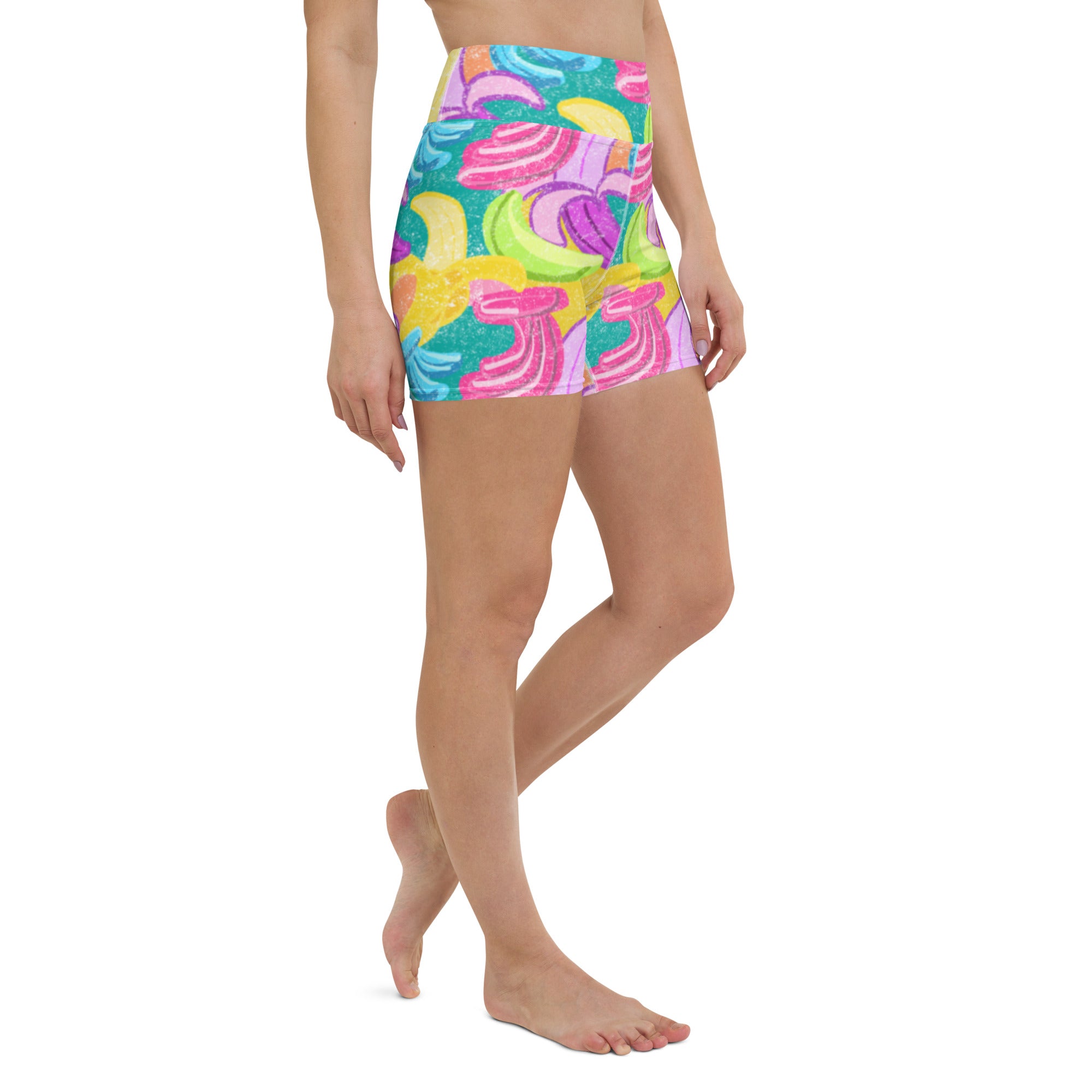 Colorful yoga shorts bananas print front right view