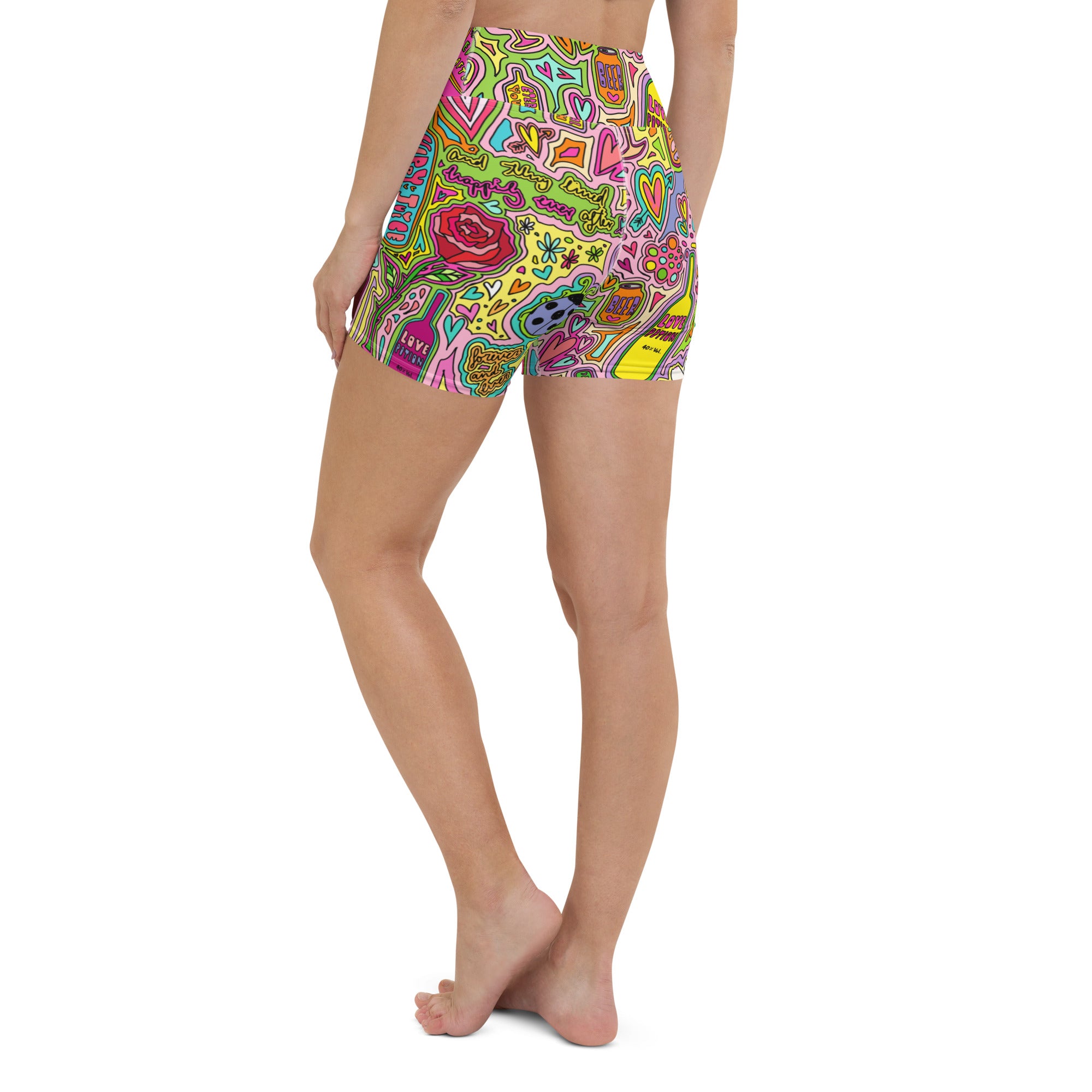 Colorful yoga shorts with fairytale doodles print back view