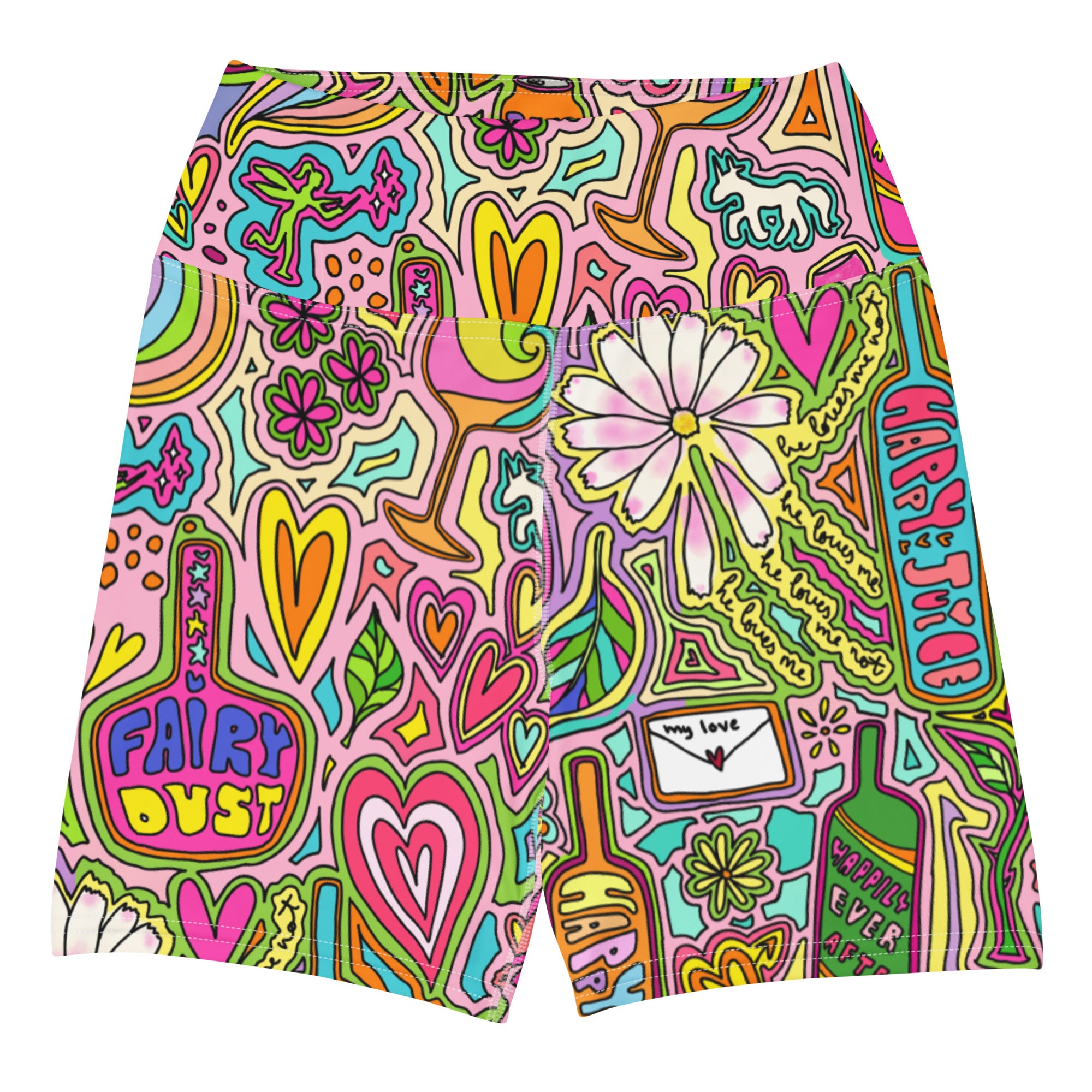 Colorful yoga shorts with fairytale doodles print flat front view