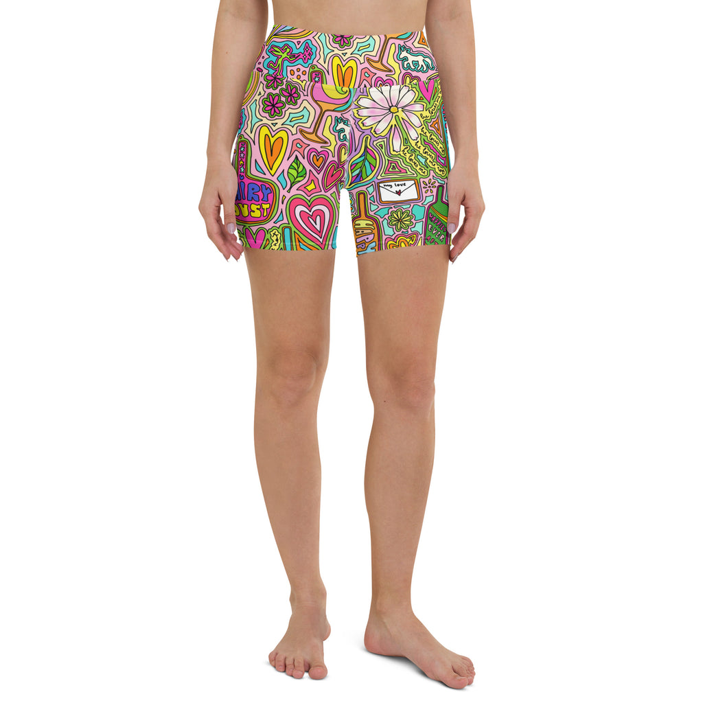 Colorful yoga shorts with fairytale doodles print front view