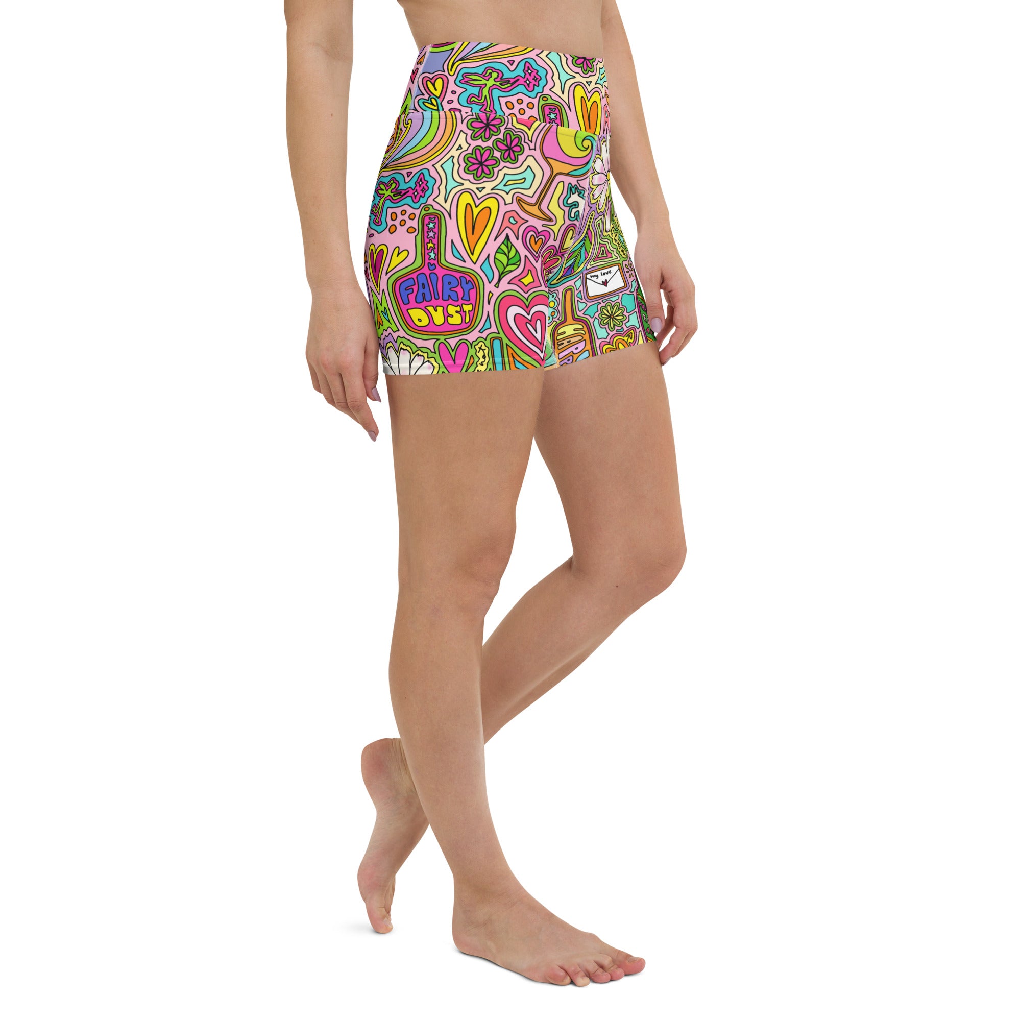Colorful yoga shorts with fairytale doodles print front right view