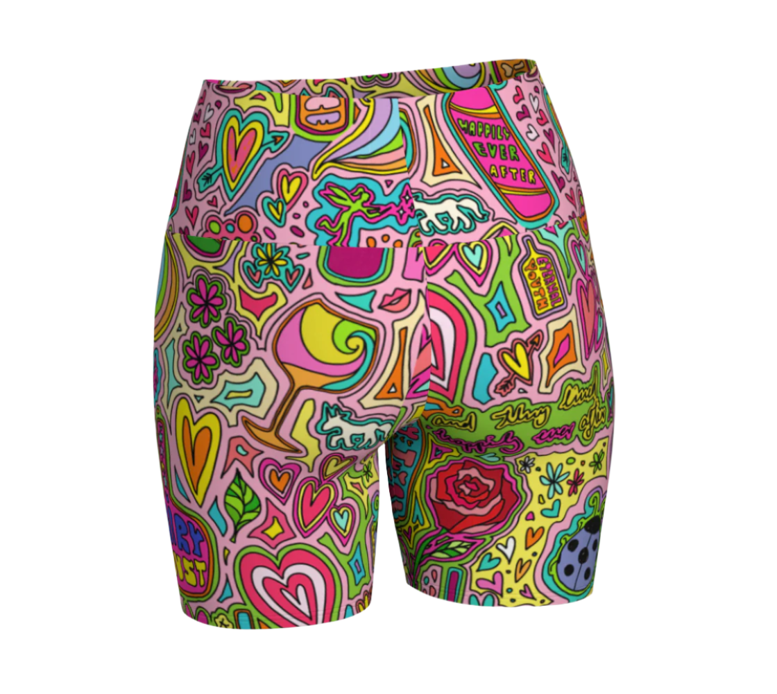 Colorful doodle patterned shorts on a white background