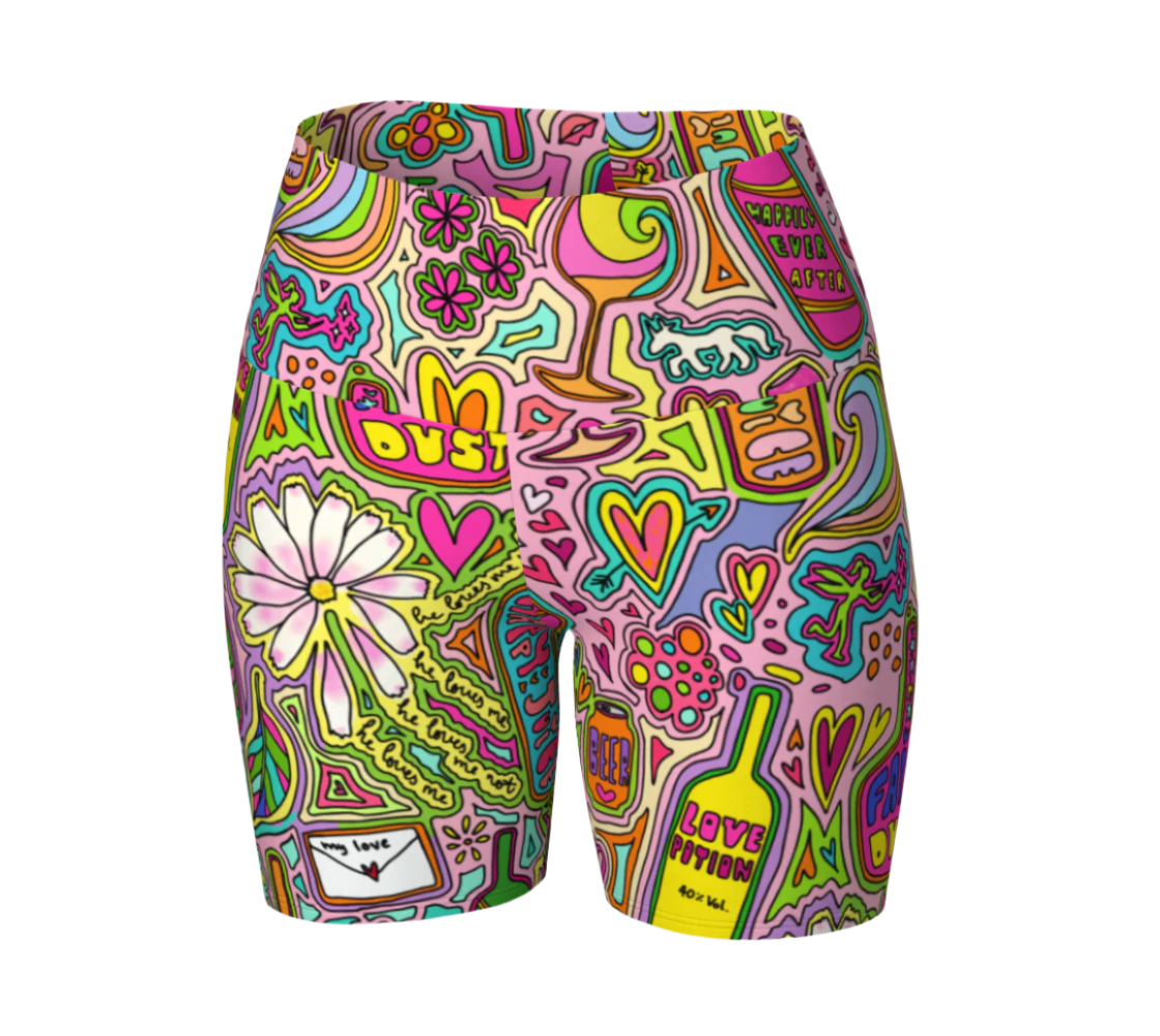 Colorful patterned shorts with vibrant doodle designs on a white background
