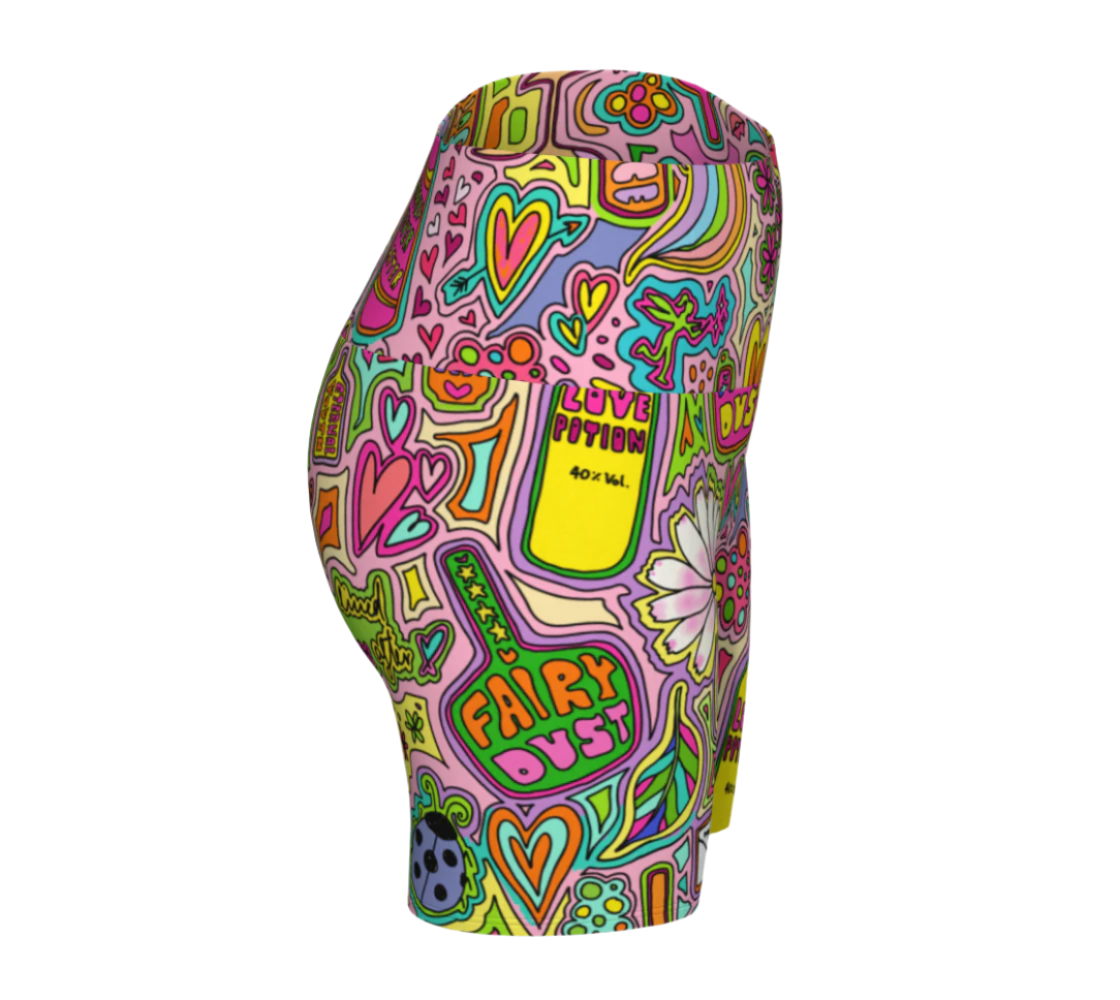 Colorful high-waisted with fairytale doodle patterns on a white background
