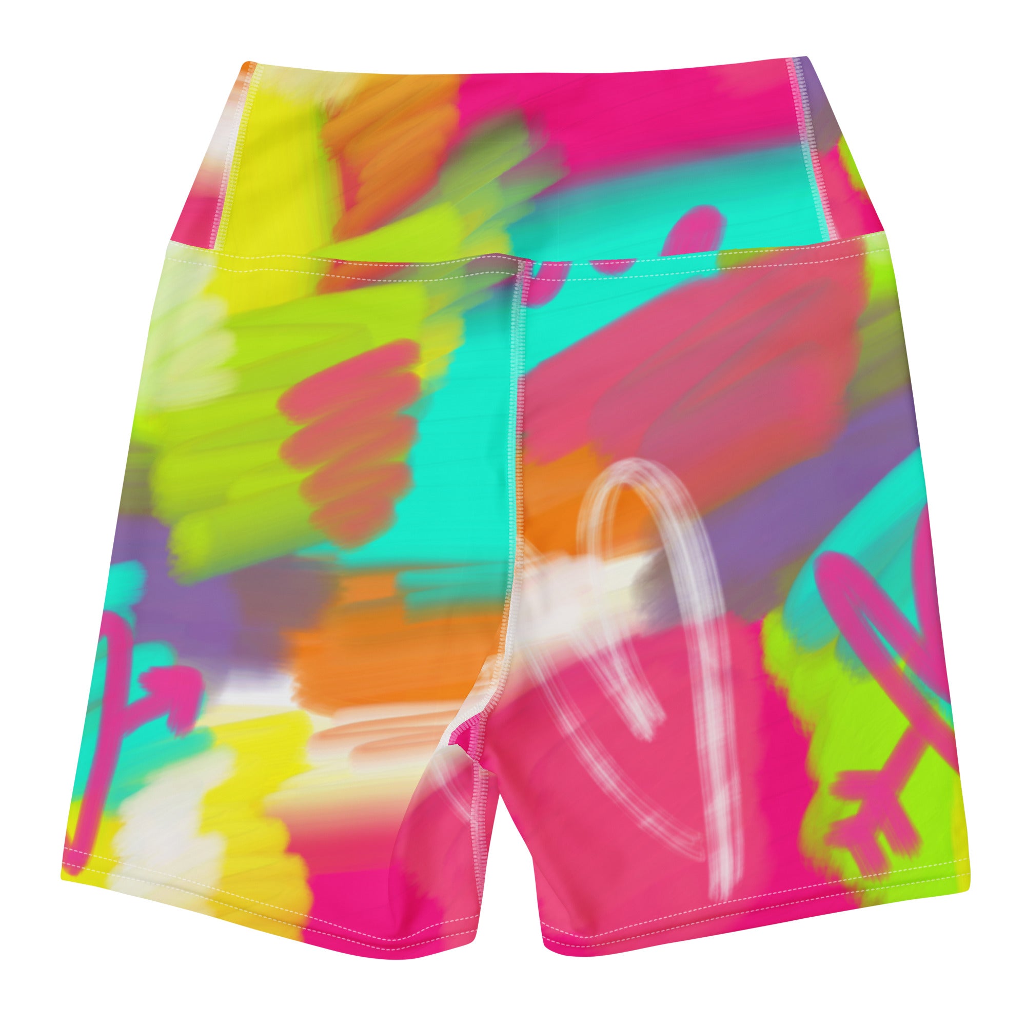Colorful short yoga shorts with lovestruck print, laid flat back side